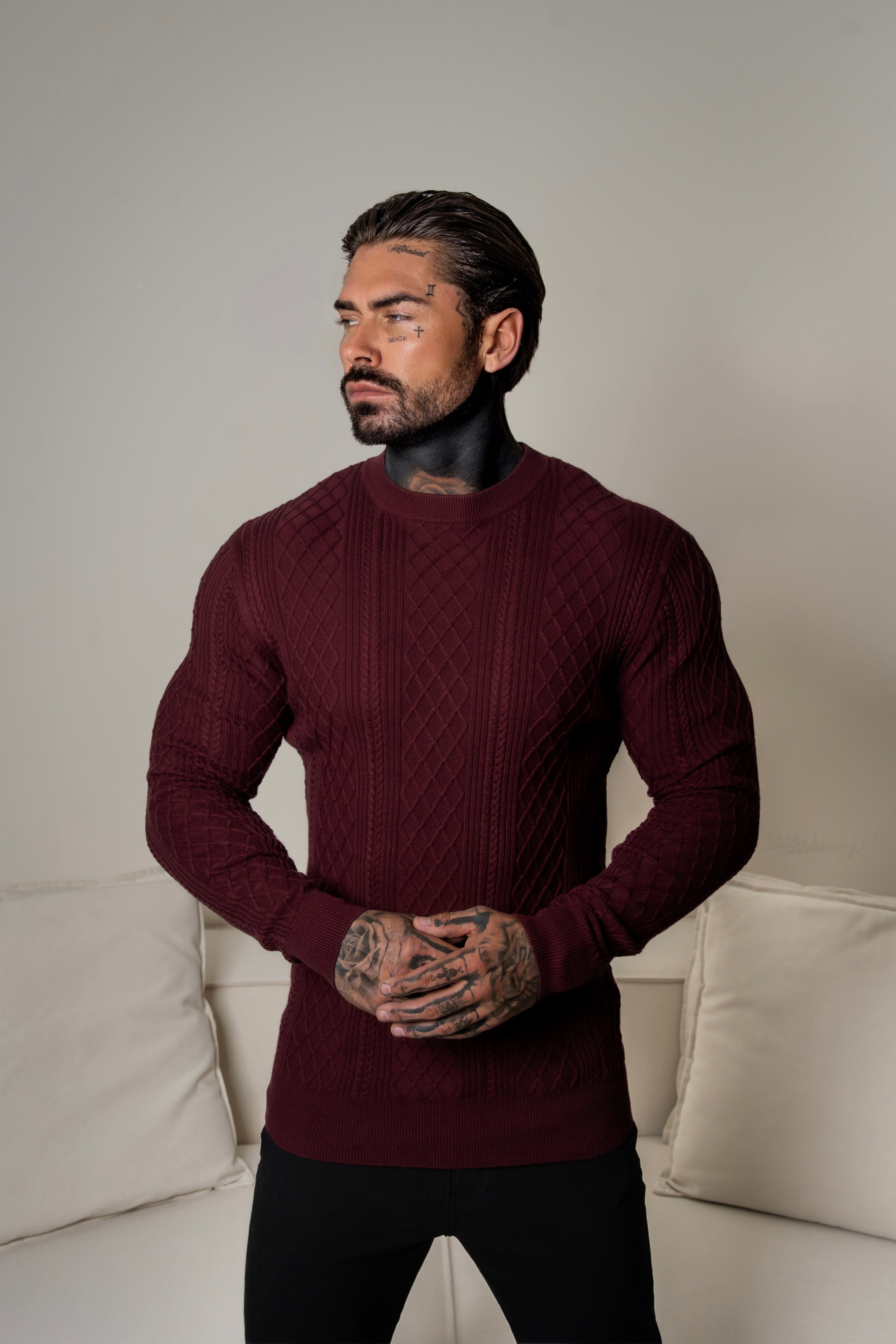 Fine Knit Diamond Burgundy Jumper Long Sleeve  -  FSA008