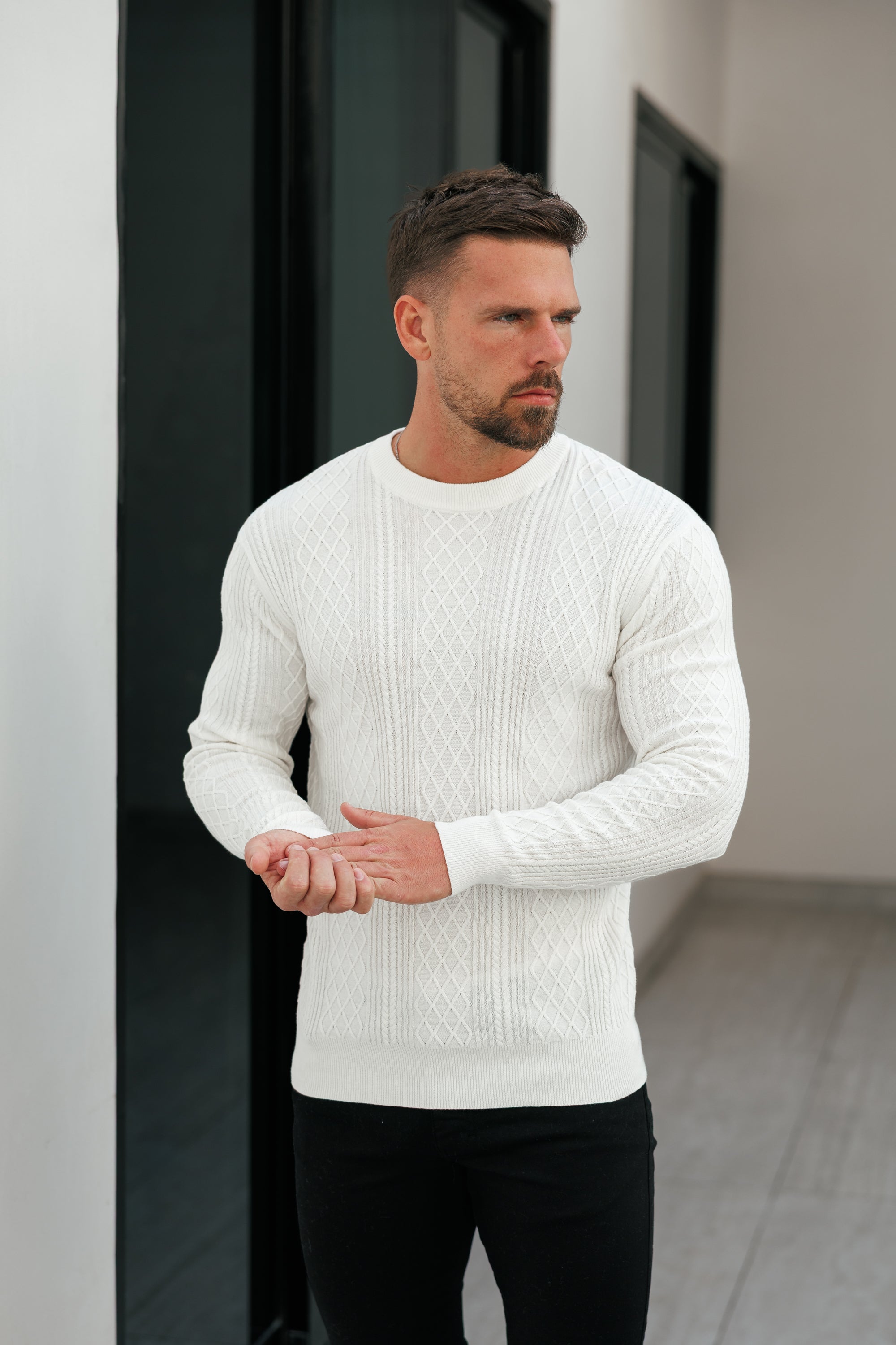 Fine Knit Diamond Off White Jumper Long Sleeve  -  FSA005