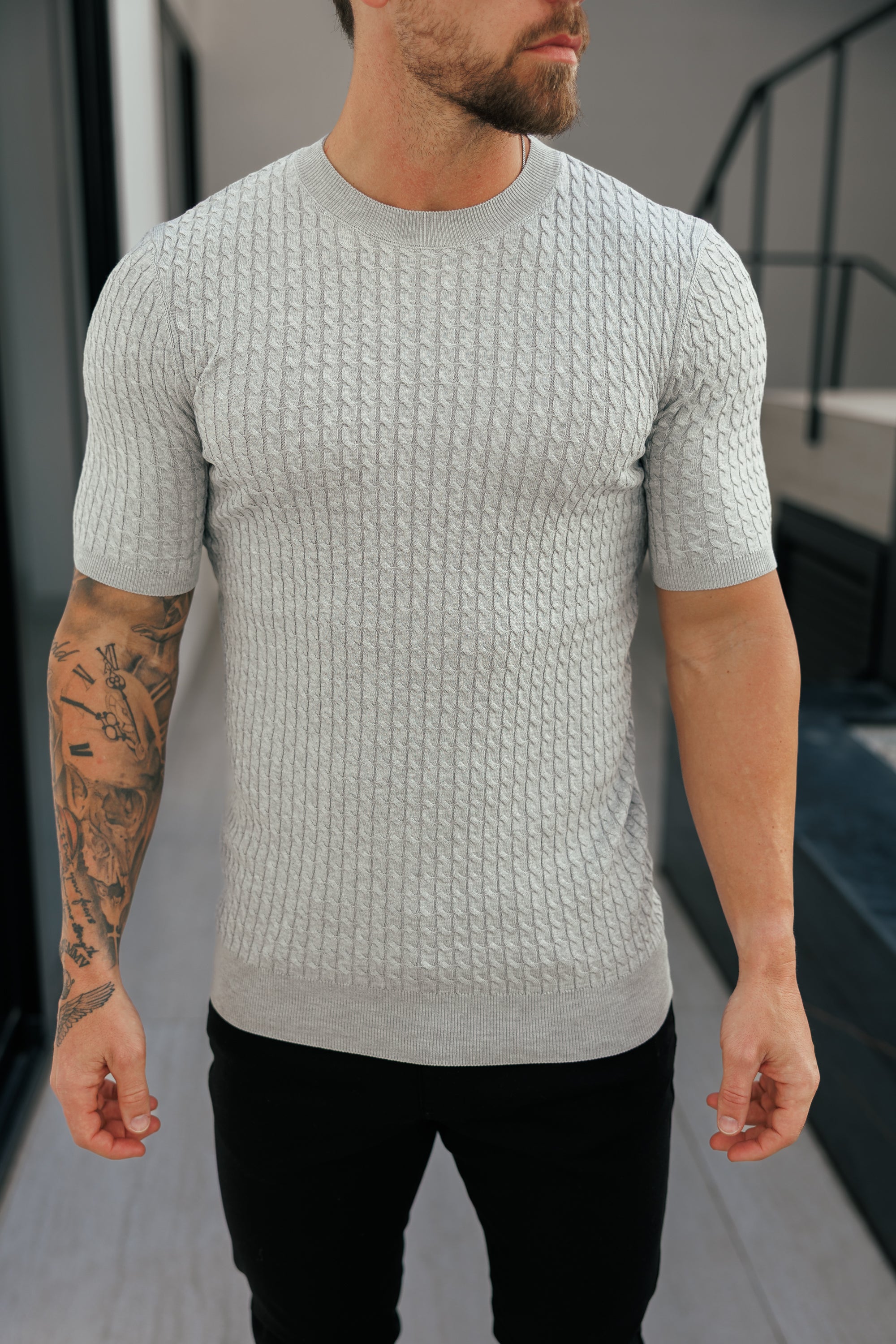 Front Chain Knit Crew Tshirt Silver Grey Short Sleeve  -  FSR056