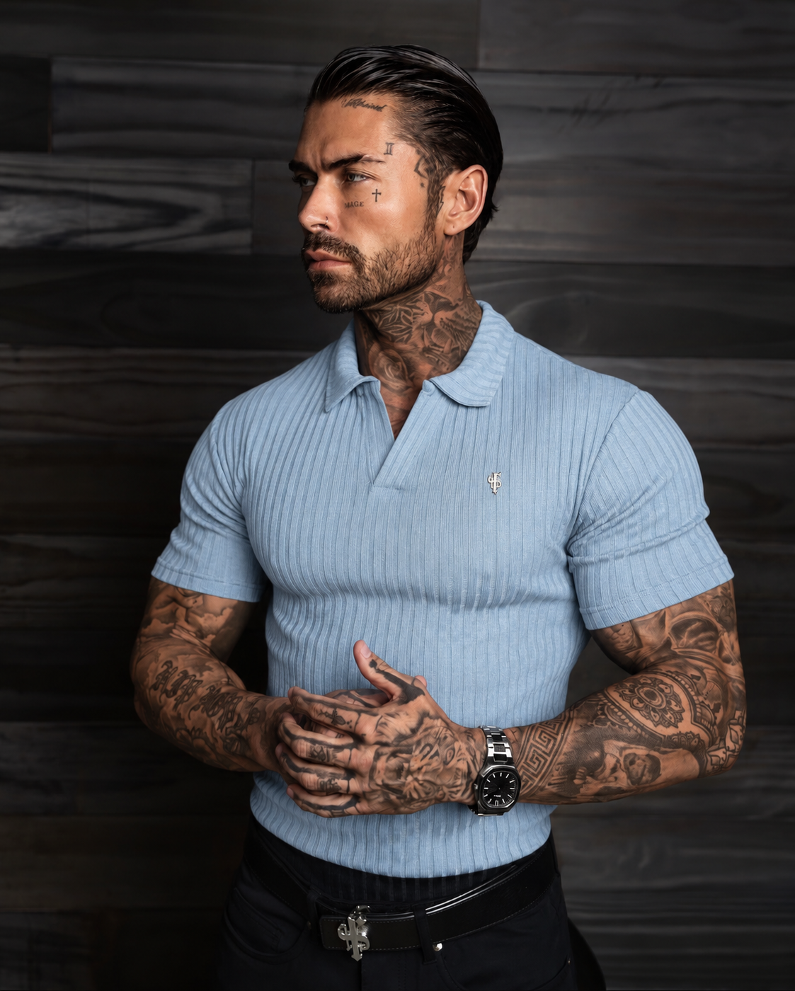 Light Blue / Silver Ribbed Revere Polo Shirt Short Sleeve - FSH1465