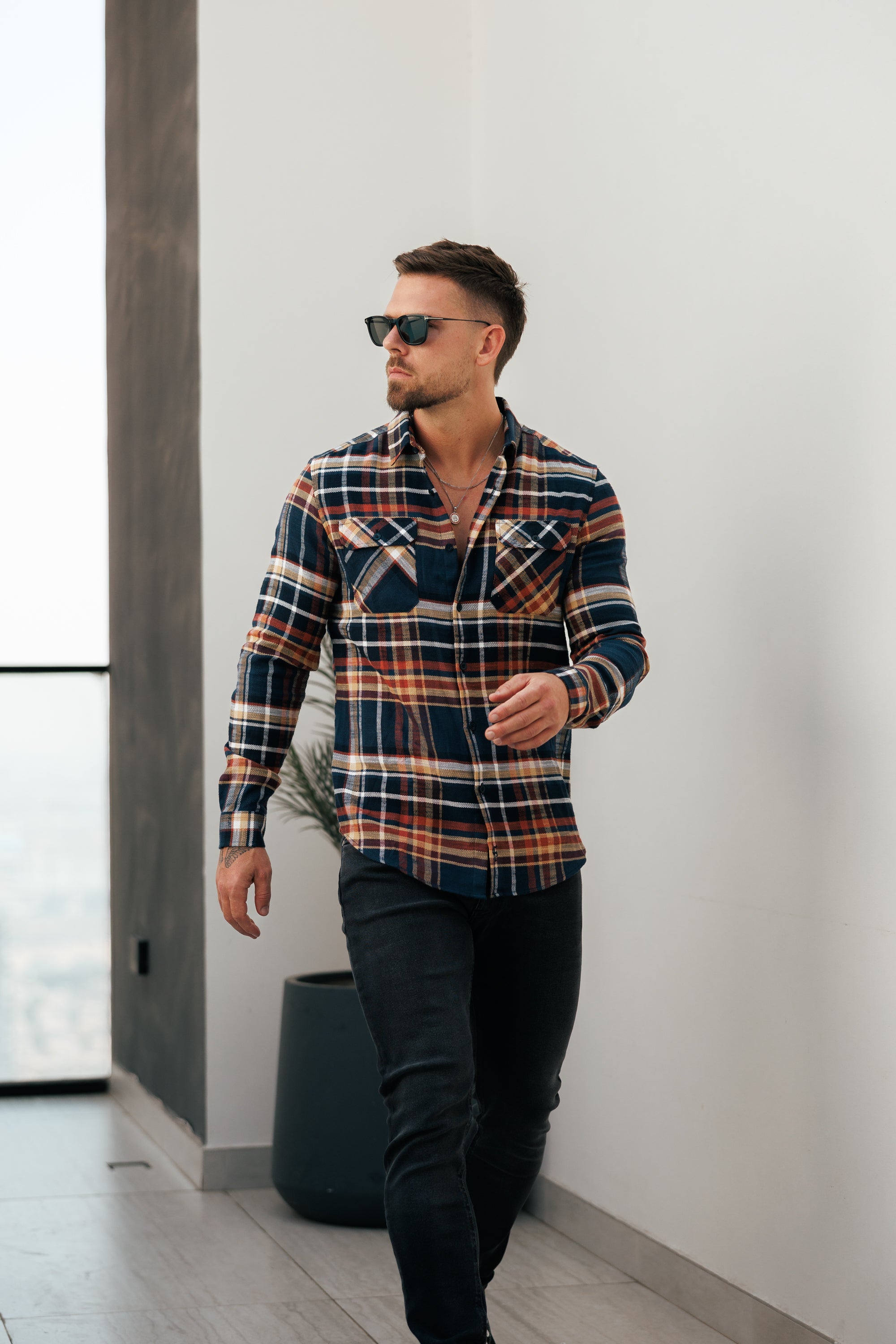 Navy / Tan Check Shacket With Double Pockets - FS1197