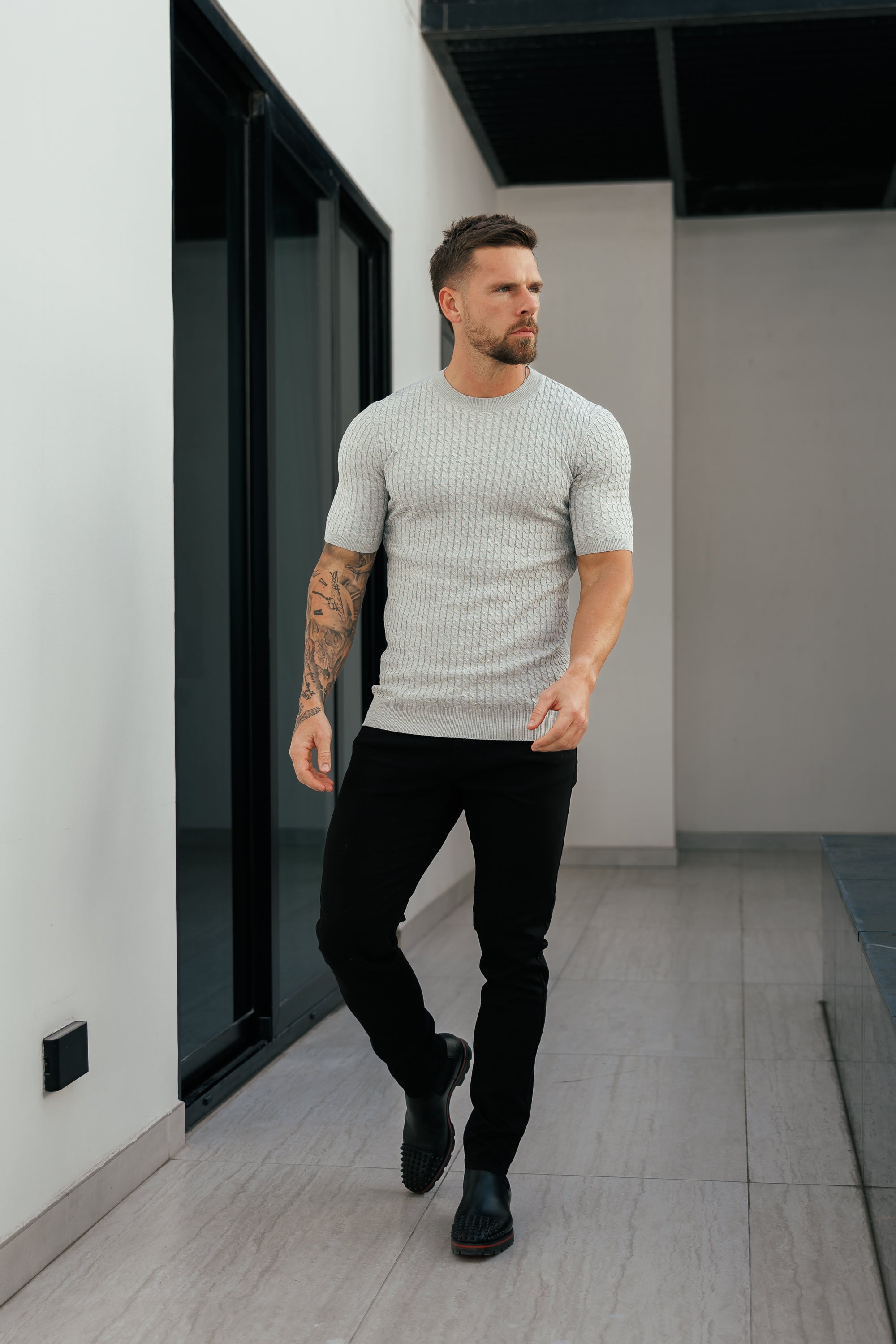 Front Chain Knit Crew Tshirt Silver Grey Short Sleeve  -  FSR056