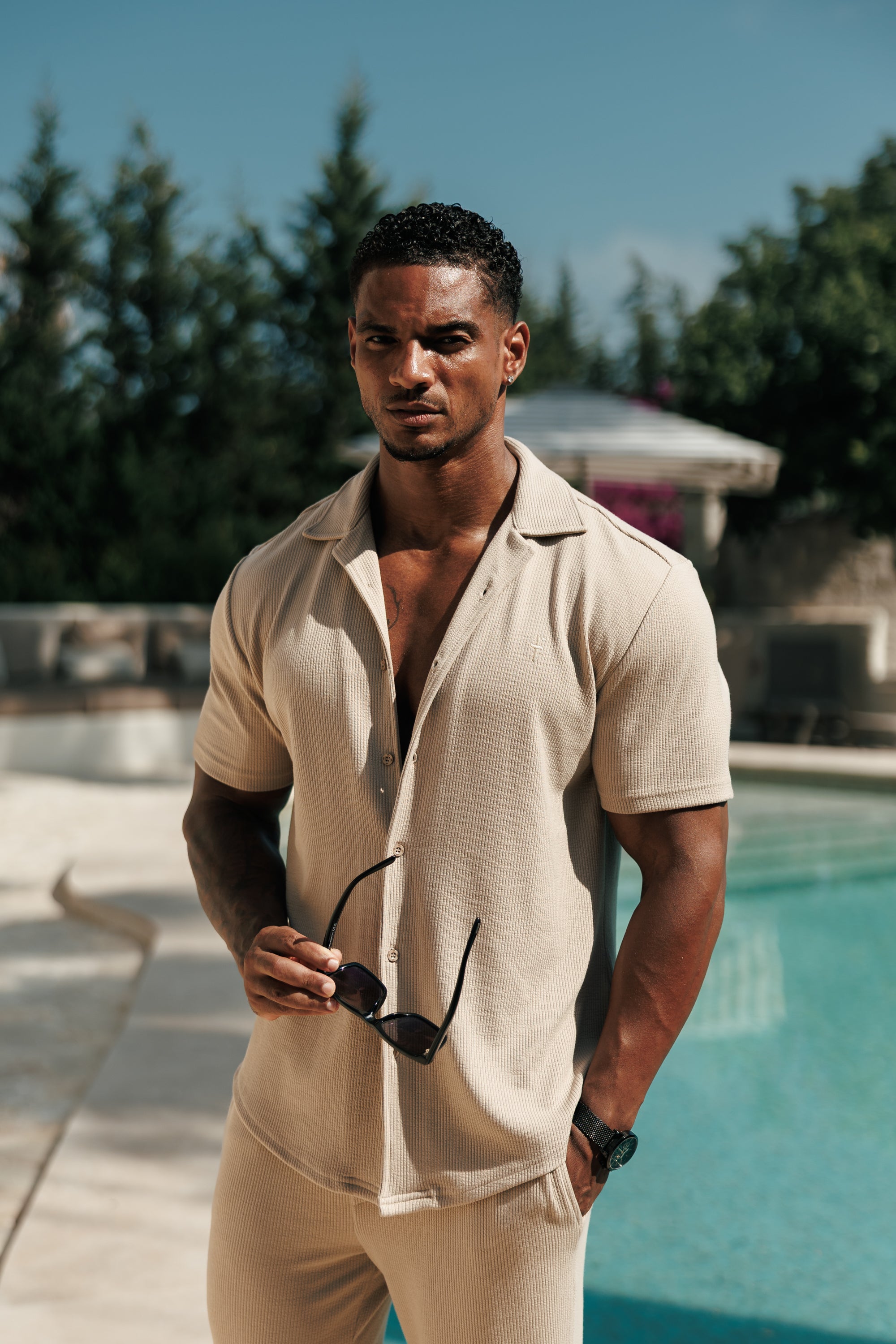 Jersey Cord Stretch Beige Revere Shirt Short Sleeve - FSR073