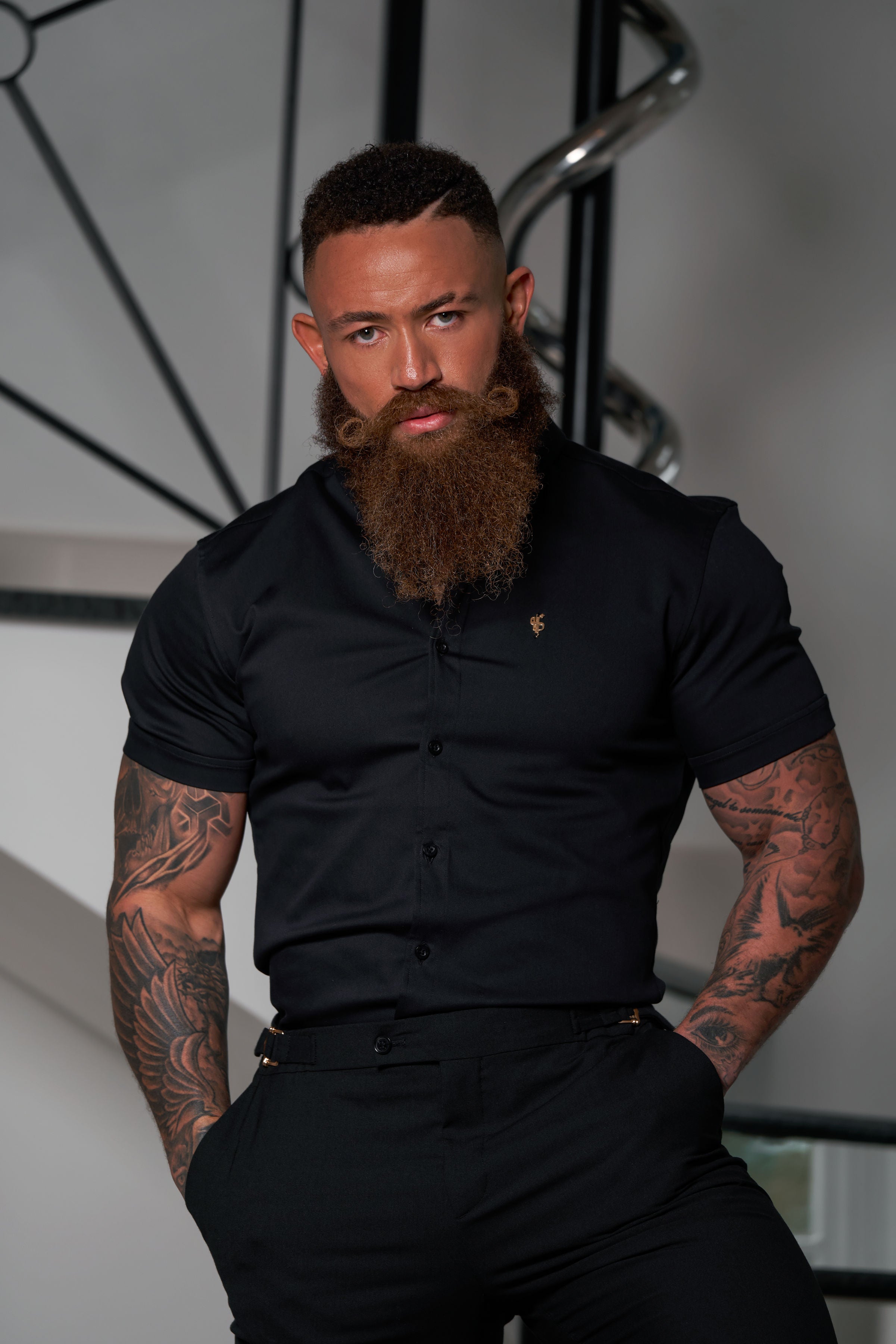 Slim Formal Black Stretch Trousers With Gold Waist Adjusters - FST018