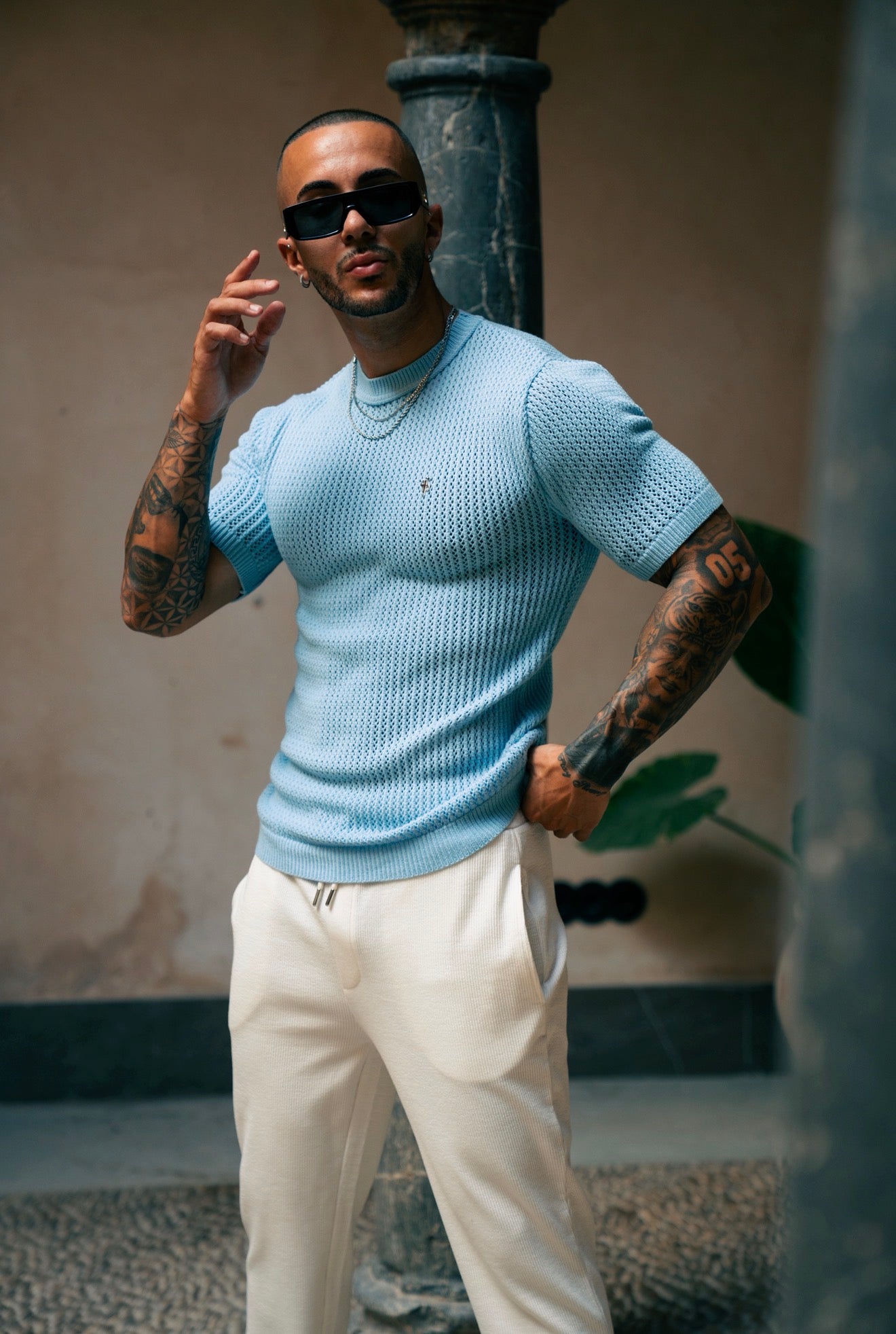 Light Blue Viscose Plain Knitted Short Sleeve T-Shirt - FSJ185 (PRE ORDER 12TH AUGUST)