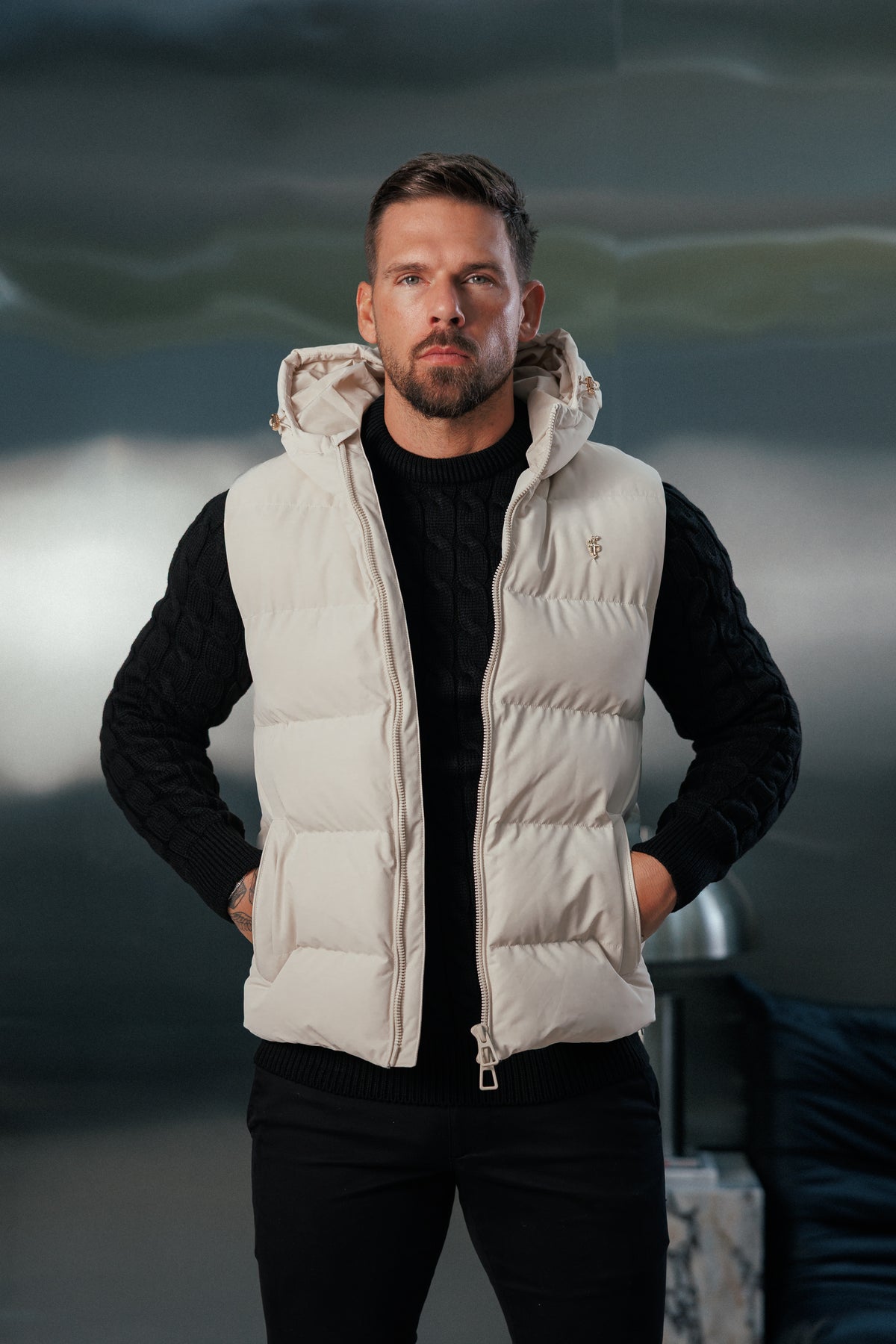 Light Beige Padded Hooded Gilet - FSN243 (PRE ORDER 24TH OCTOBER)