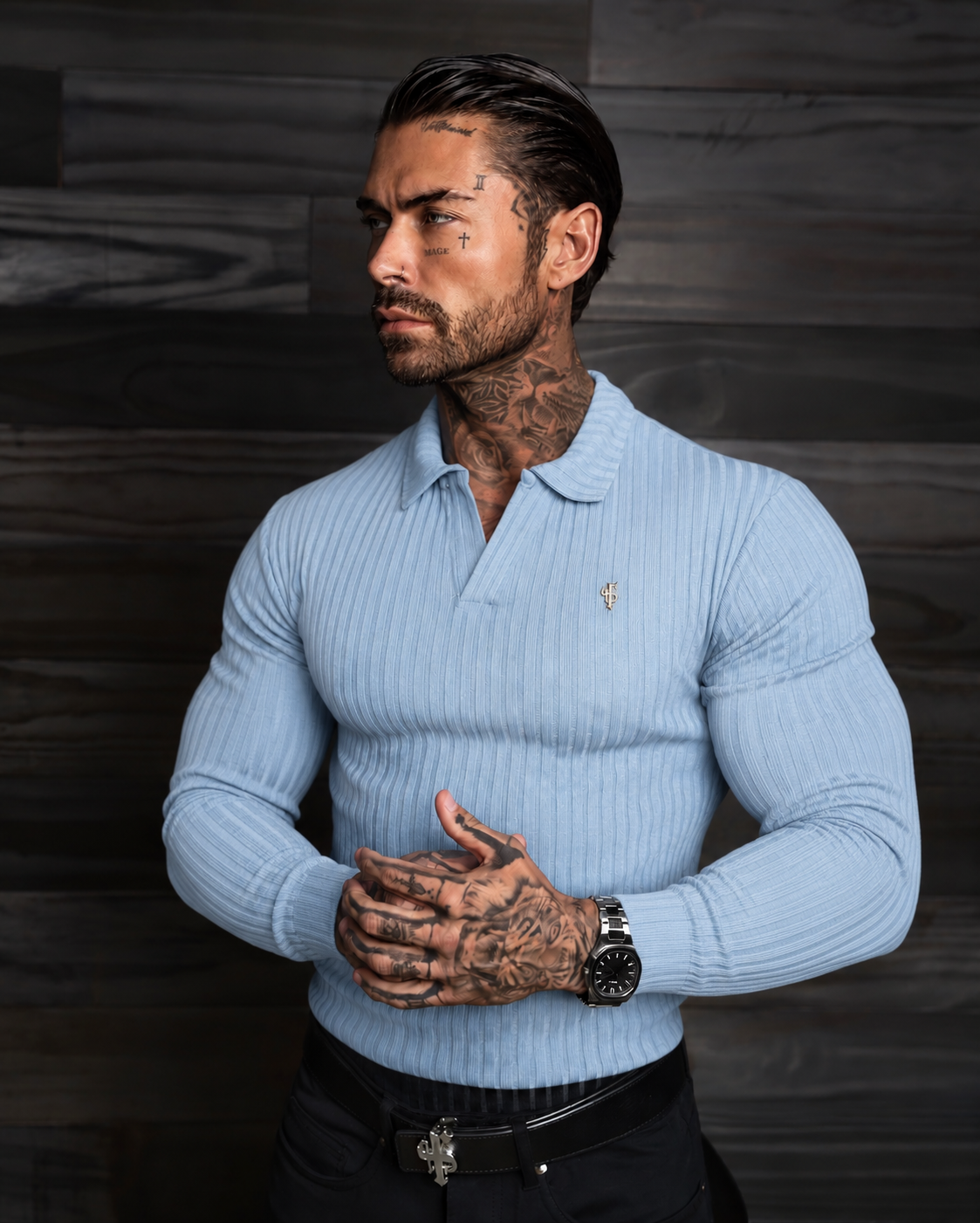 Light Blue / Silver Ribbed Revere Polo Shirt Long Sleeve - FSH1464