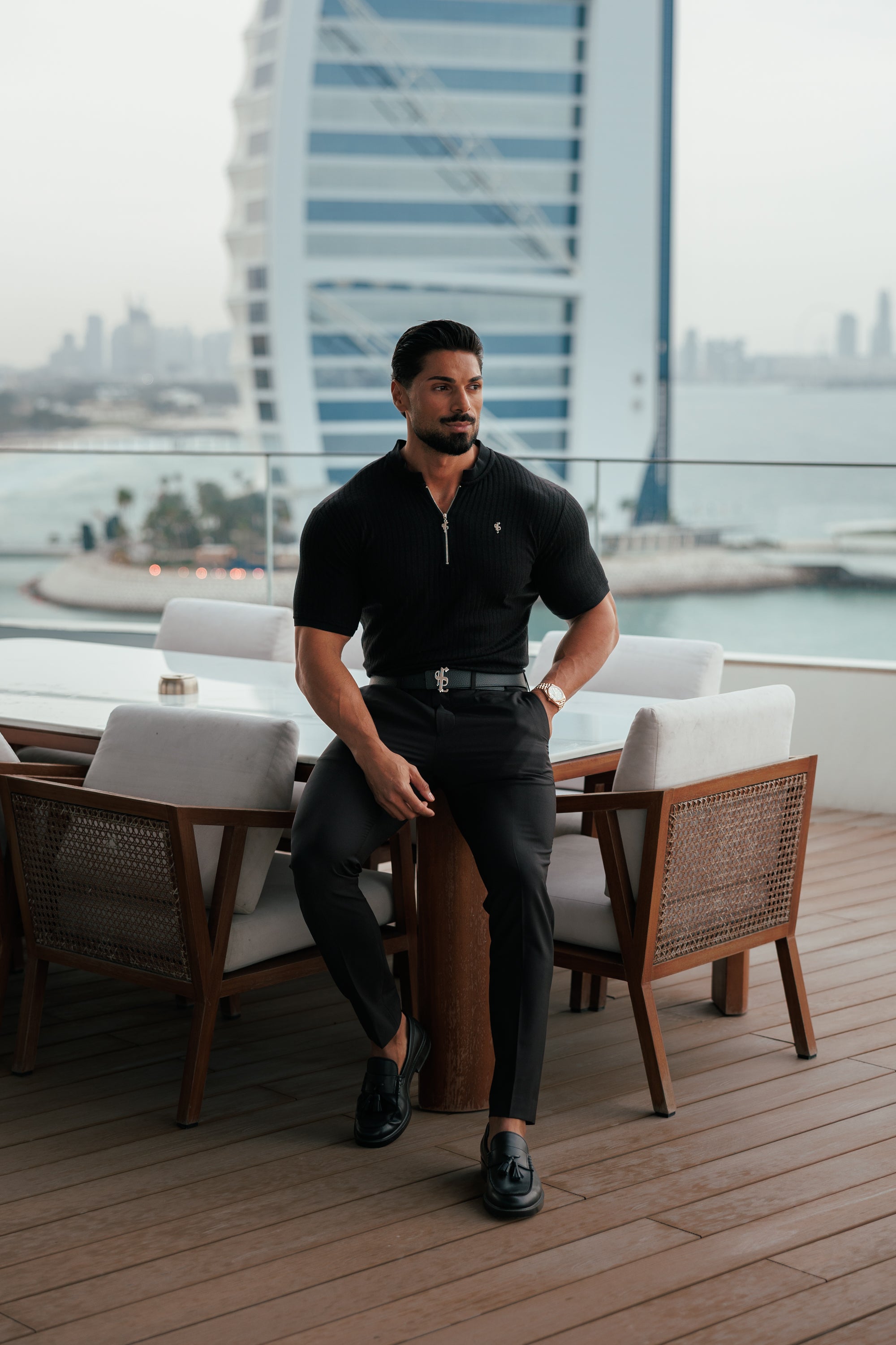 Super Slim Black / Silver  Ribbed Zip Grandad Collar Shirt Short Sleeve - FSH1445