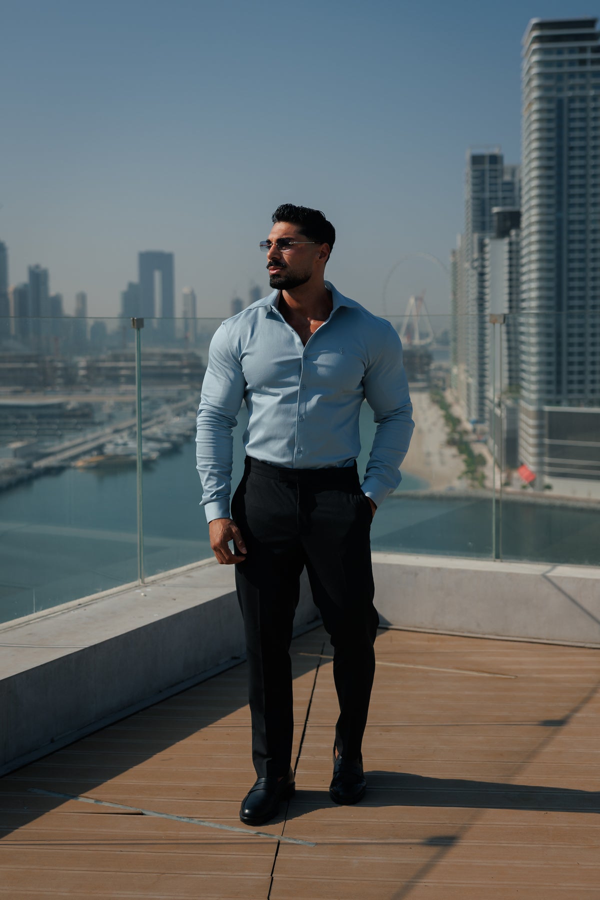 Super Slim Stretch Steel Blue Denim Long Sleeve with Silver Metal Decal and Cutaway Collar - FS1313