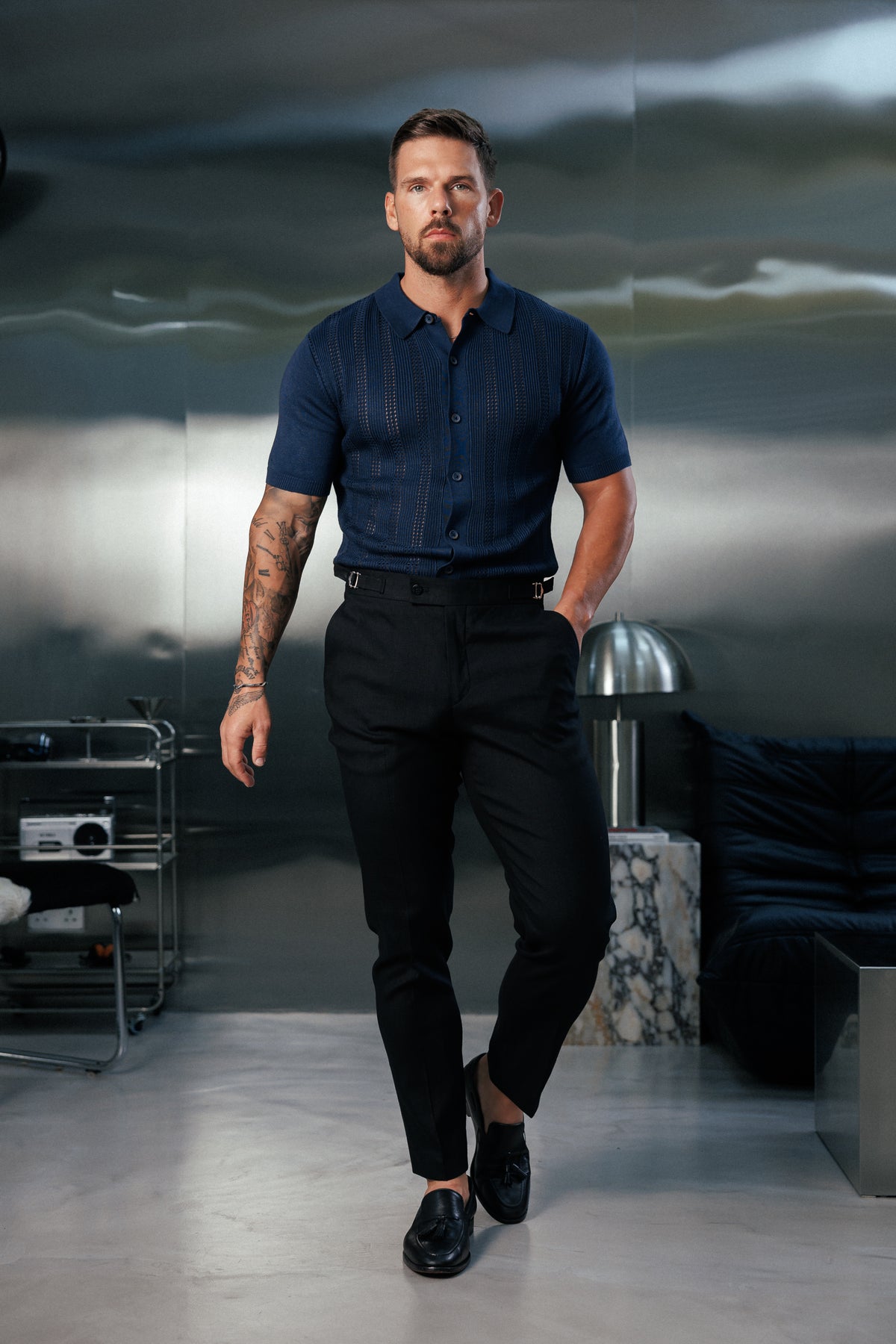 Navy Stripe Perforated Shirt Short Sleeve -  FSA020