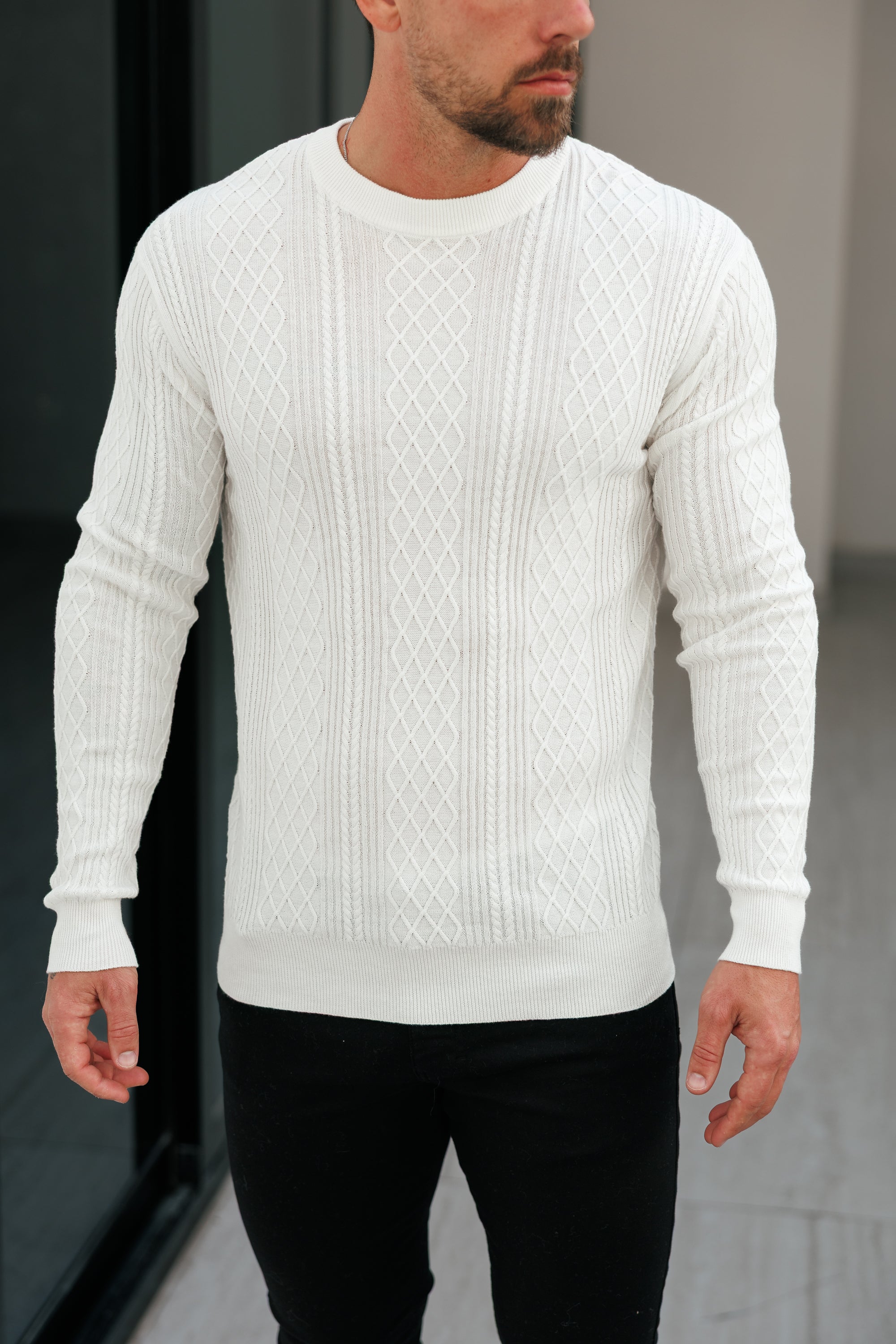 Fine Knit Diamond Off White Jumper Long Sleeve  -  FSA005