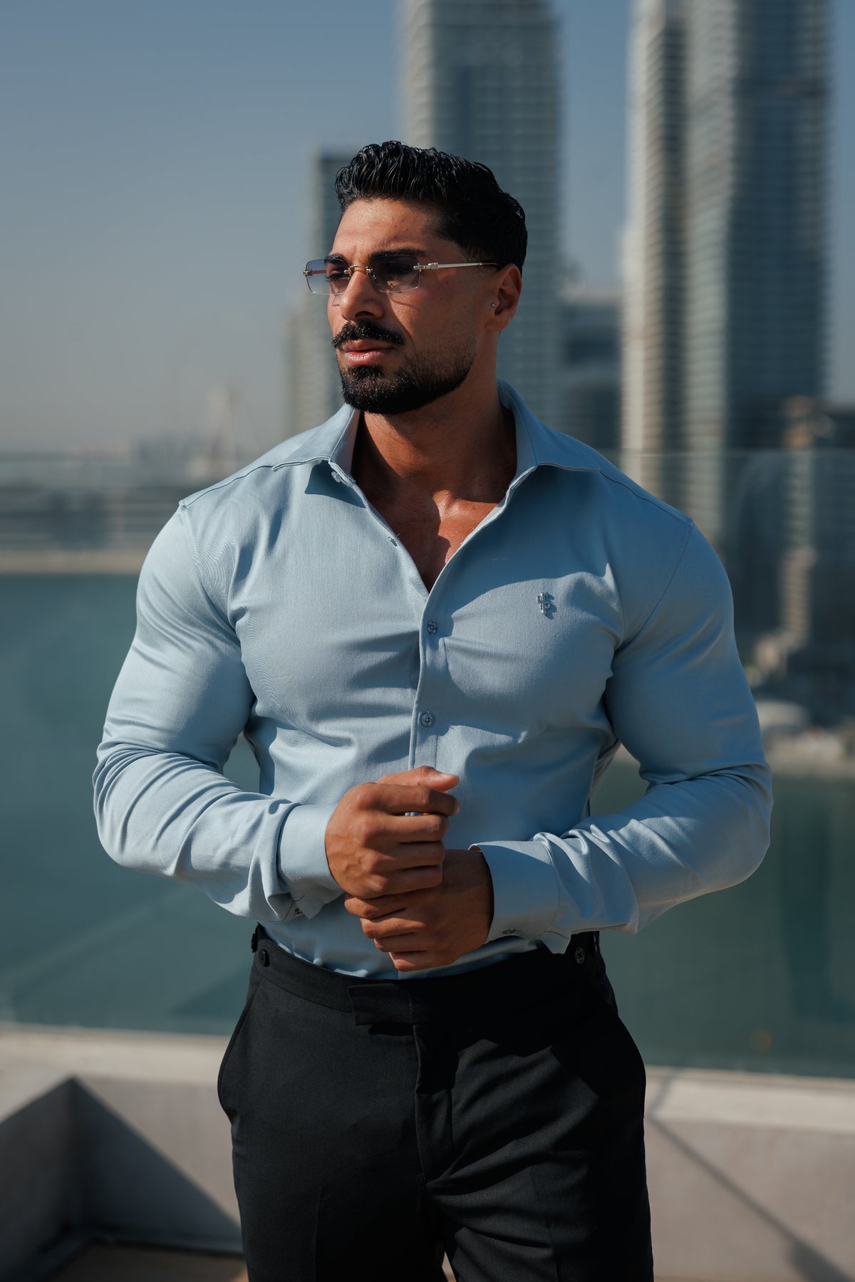 Super Slim Stretch Steel Blue Denim Long Sleeve with Silver Metal Decal and Cutaway Collar - FS1313
