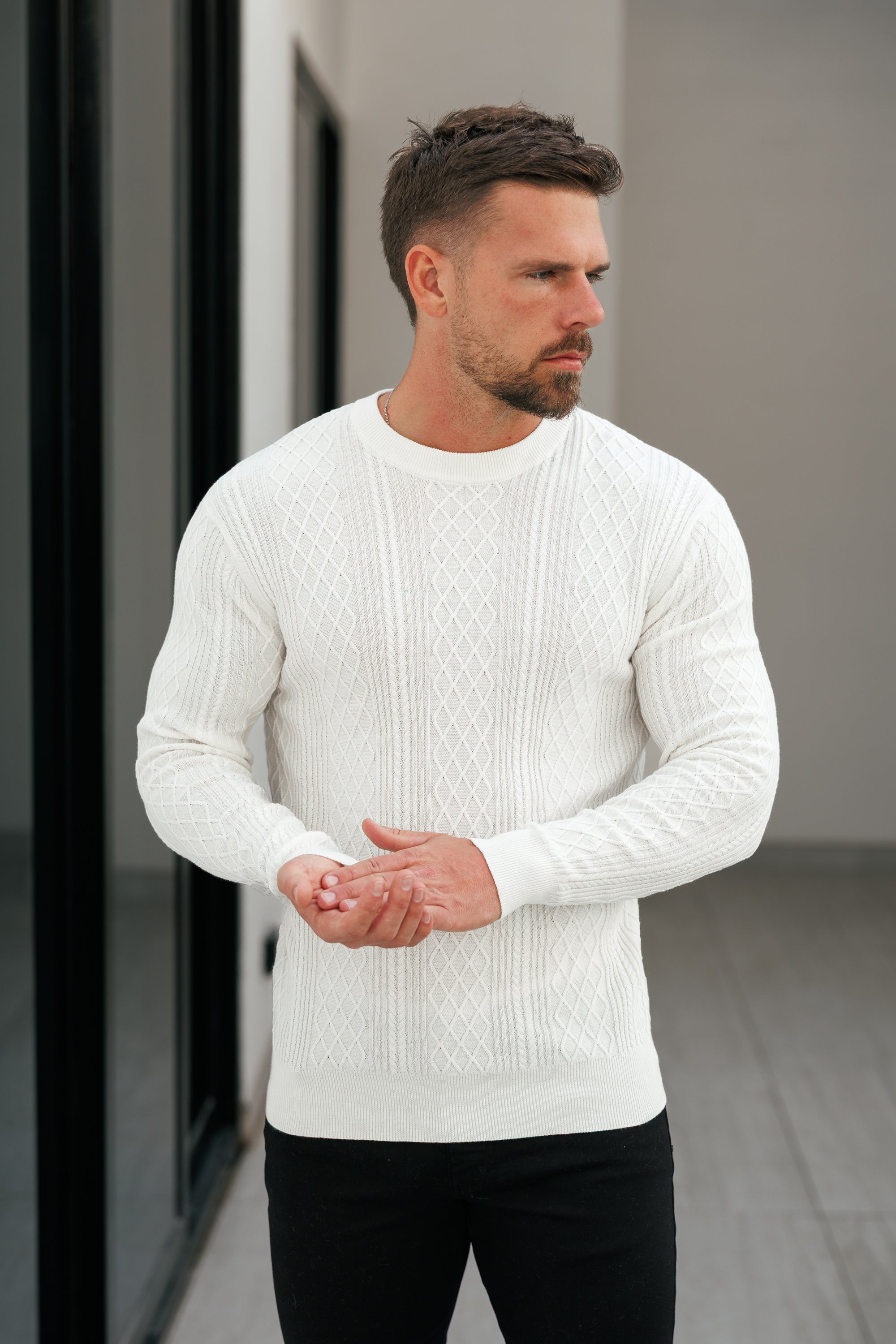 Fine Knit Diamond Off White Jumper Long Sleeve  -  FSA005