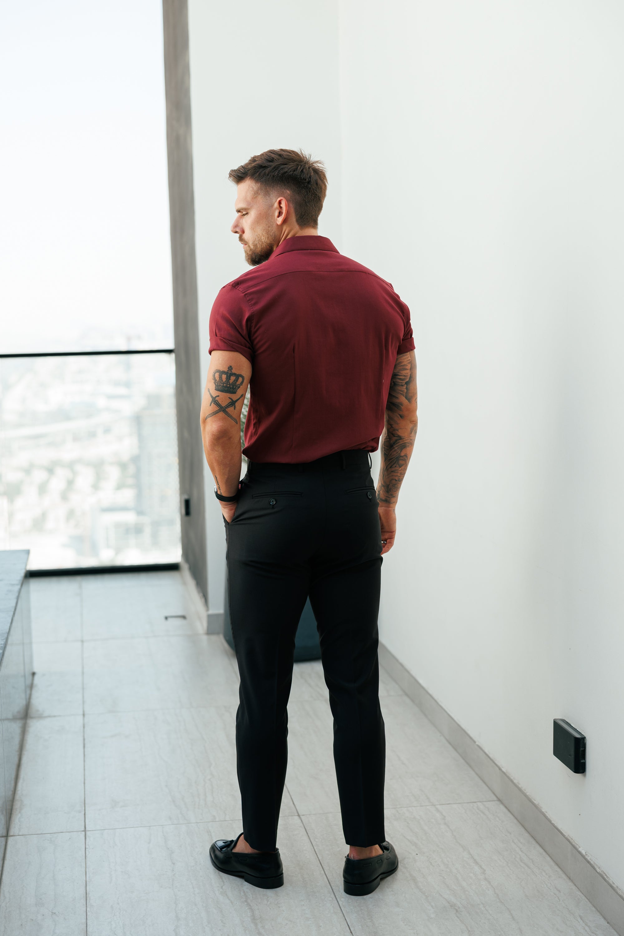 Classic Stretch Oxford Short Sleeve Oxblood / Burgundy with Button Down Collar - FS1213