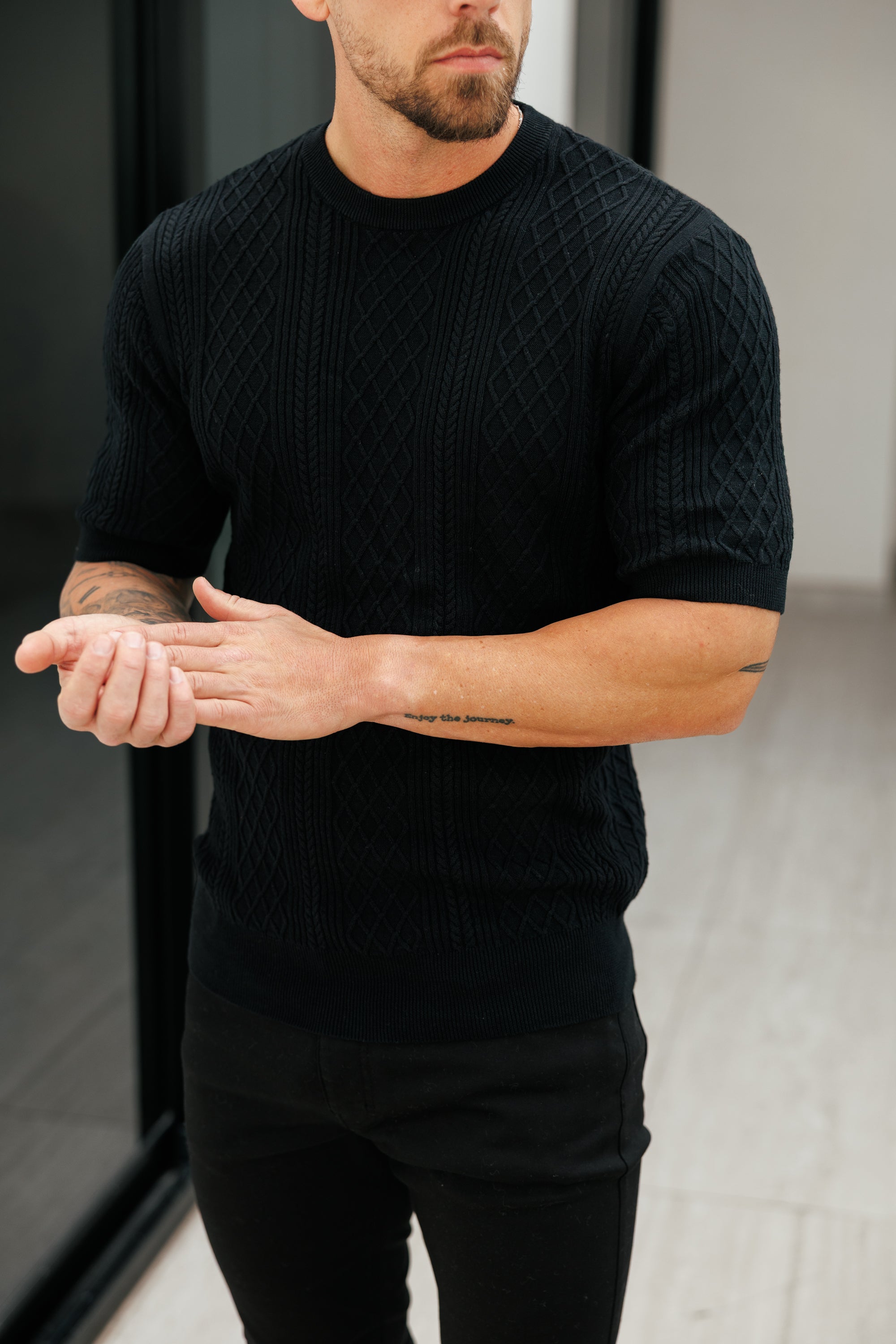 Fine Knit Diamond Black Jumper Short Sleeve - FSA010