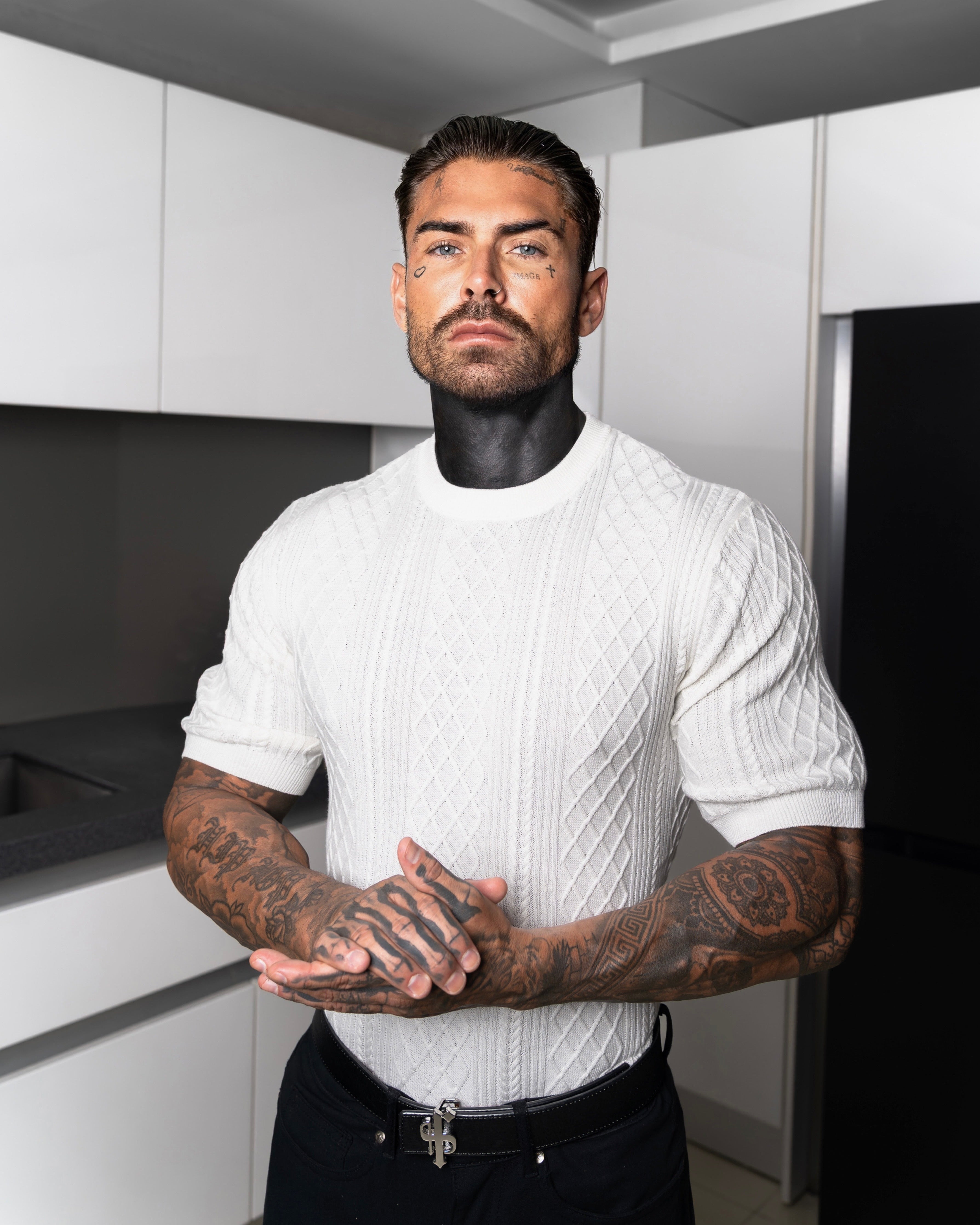 Fine Knit Diamond Off White Jumper Short Sleeve  -  FSA009