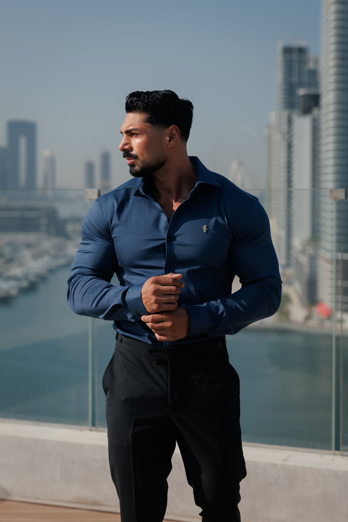 Super Slim Stretch New Navy Denim Long Sleeve with Gold Metal Decal and Cutaway Collar - FS1314