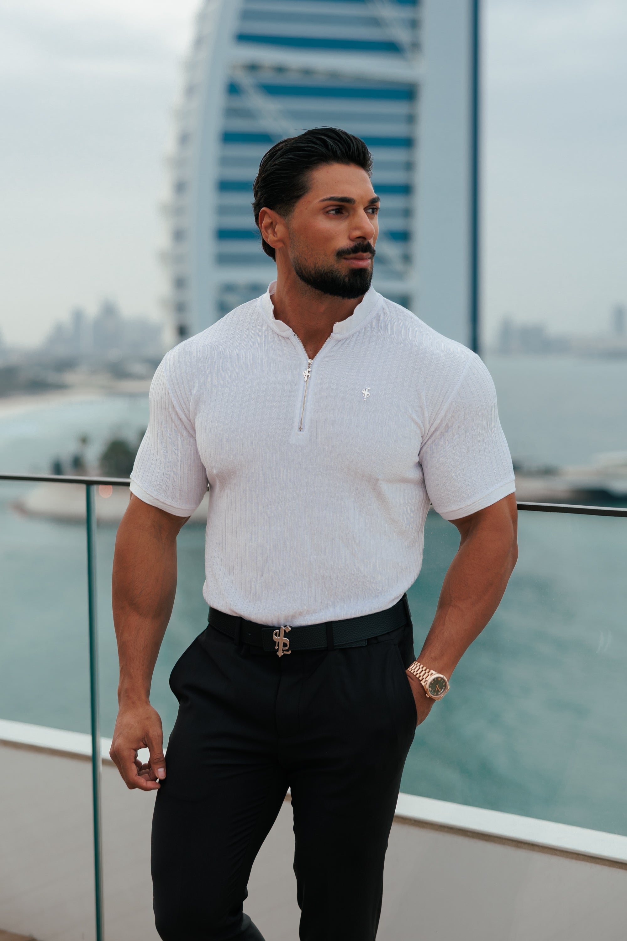 Classic White / Silver  Ribbed Zip Grandad Collar Shirt Short Sleeve - FSH1447