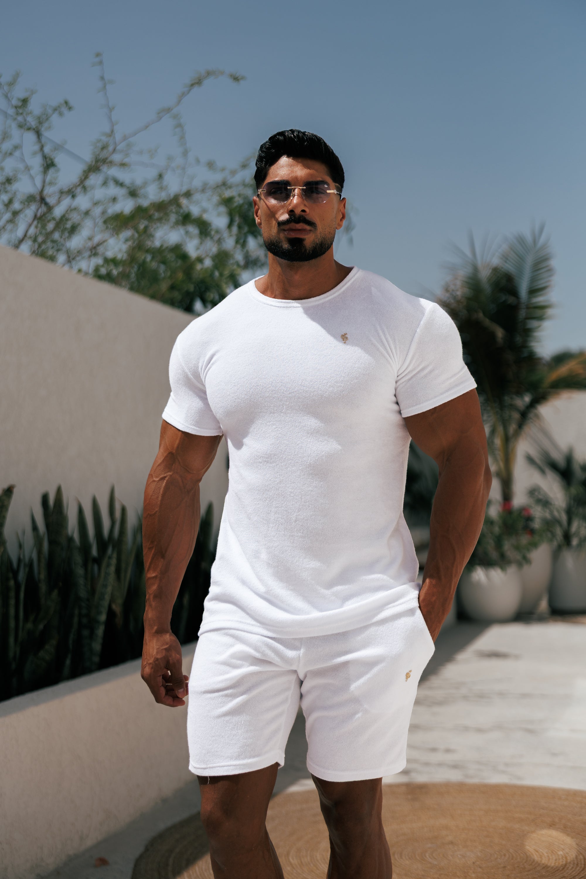 White / Gold Towelling Crew T Shirt - FSH1345