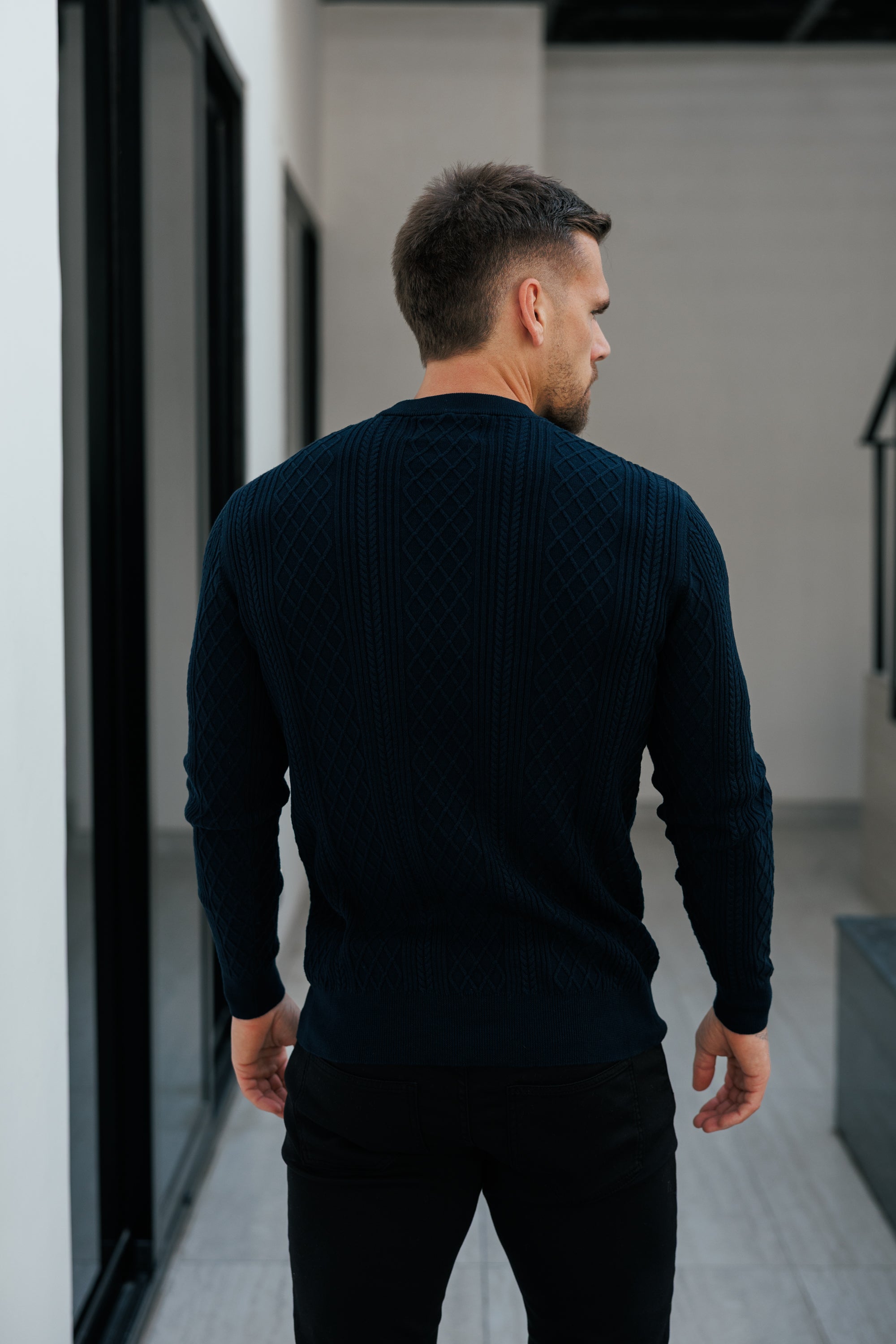 Fine Knit Diamond Navy Jumper Long Sleeve  -  FSA007