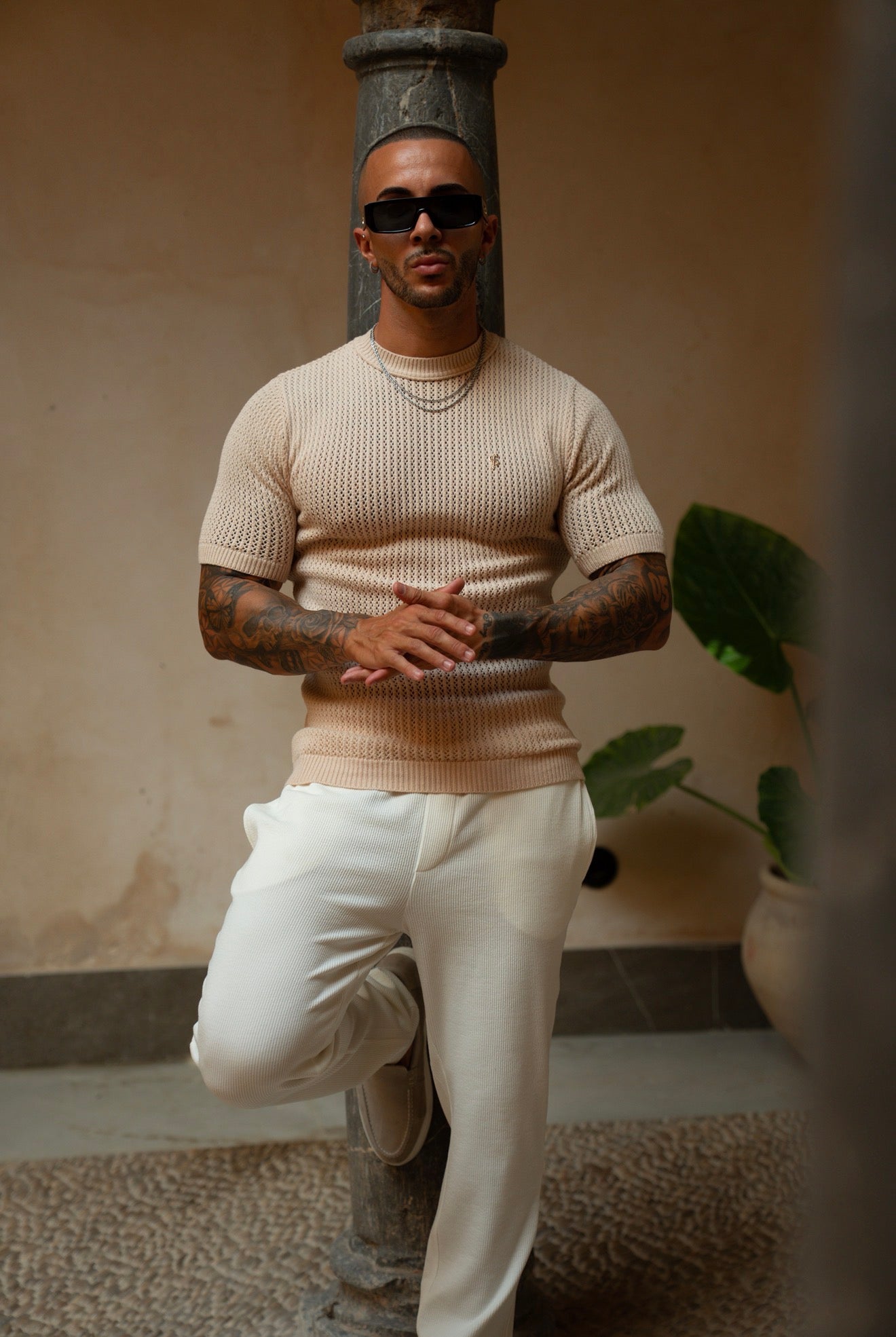 Beige Viscose Plain Knitted Short Sleeve T-Shirt - FSJ186 (PRE ORDER 12TH AUGUST)