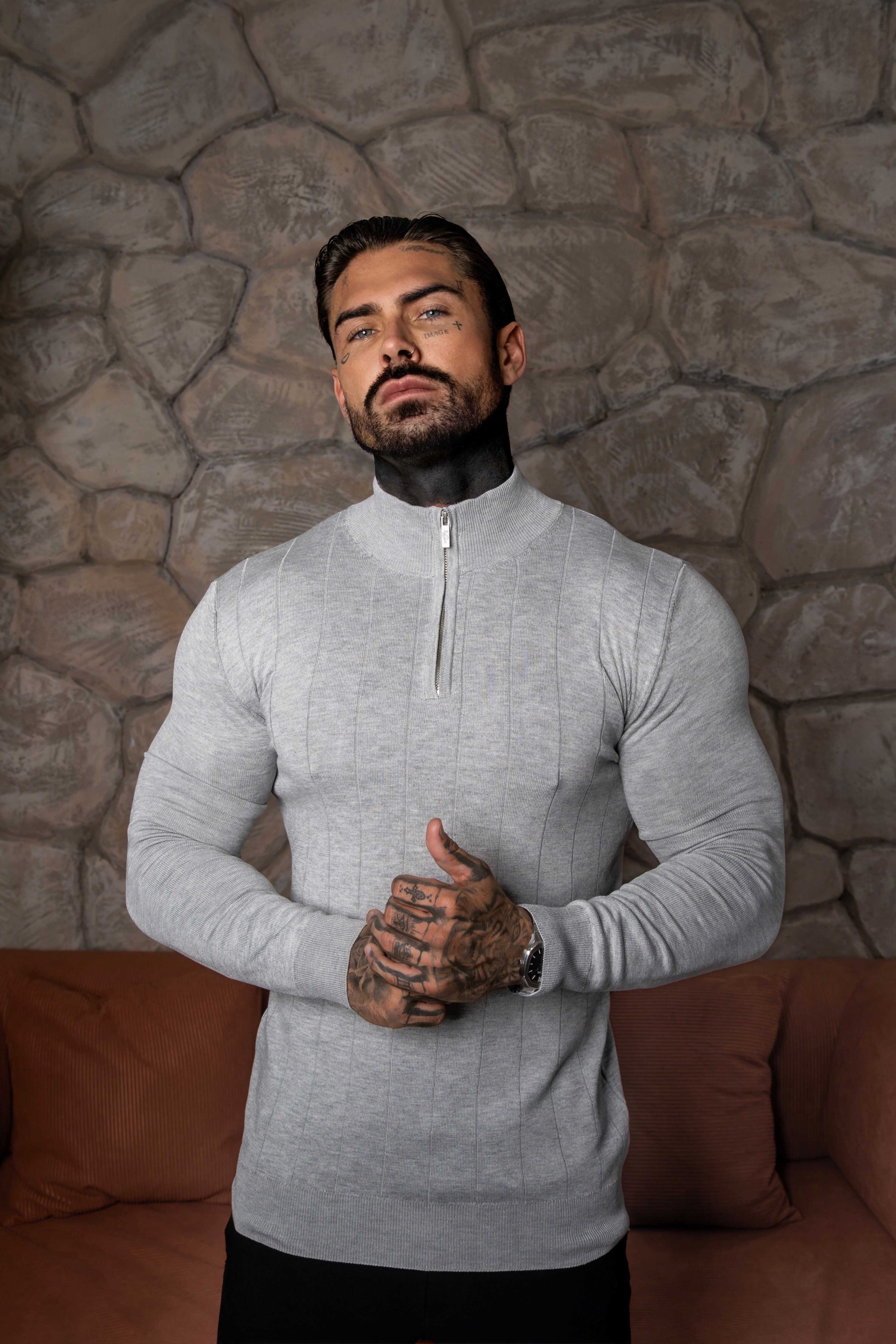 Self Stripe 1/4 Zip Funnel Neck Knit Jumper Silver Grey Long Sleeve  -  FSR051