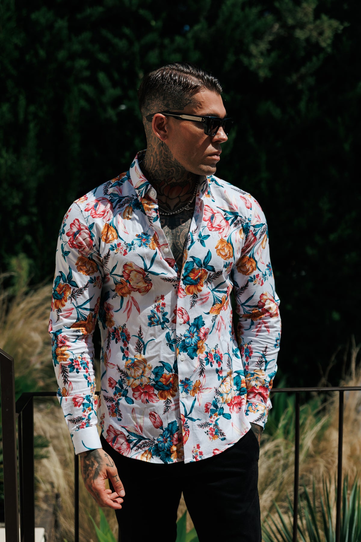 Super Slim Stretch White Vibrant Floral Print Long Sleeve with Button Down Collar - FS1276