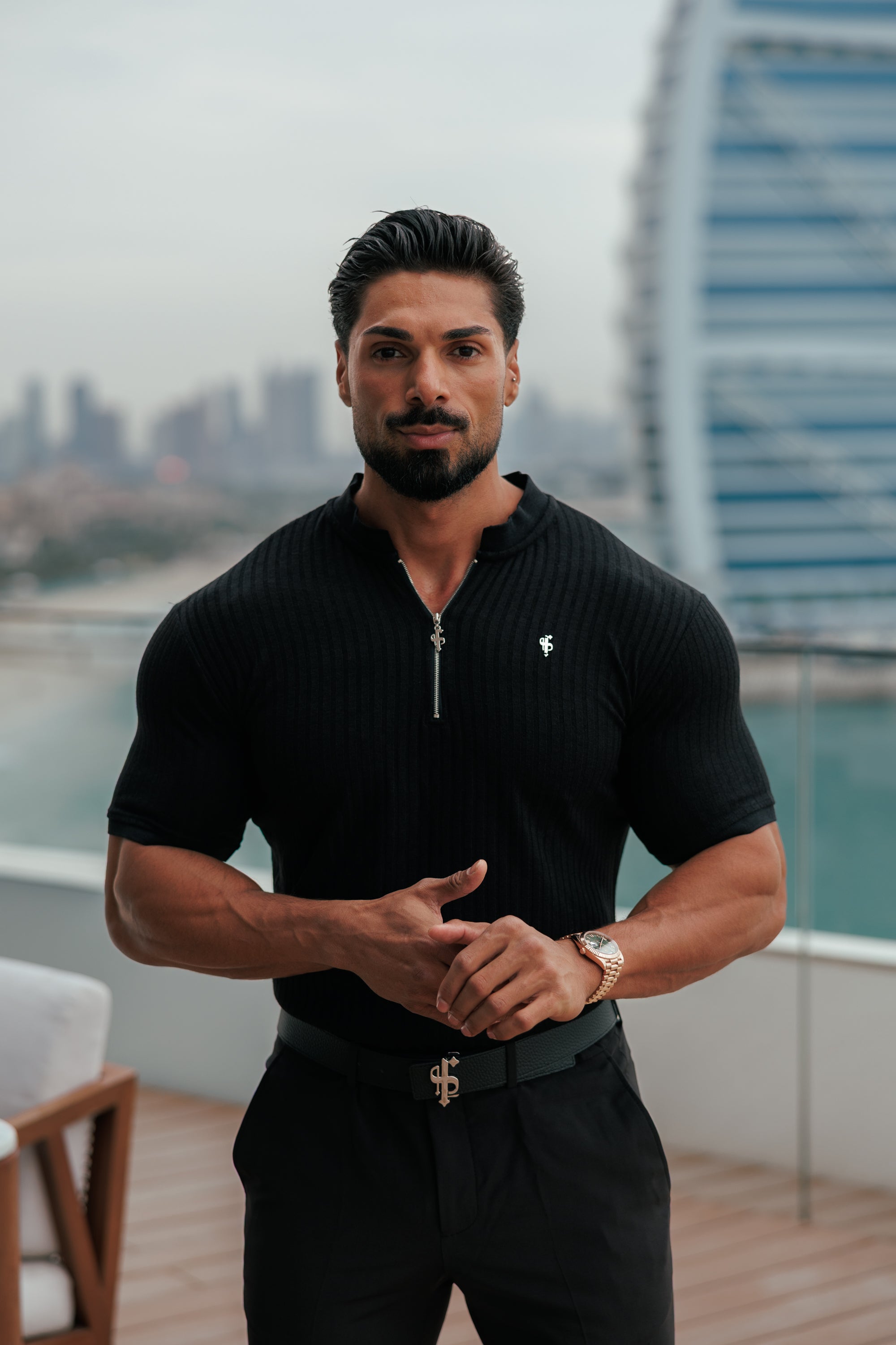 Super Slim Black / Silver  Ribbed Zip Grandad Collar Shirt Short Sleeve - FSH1445