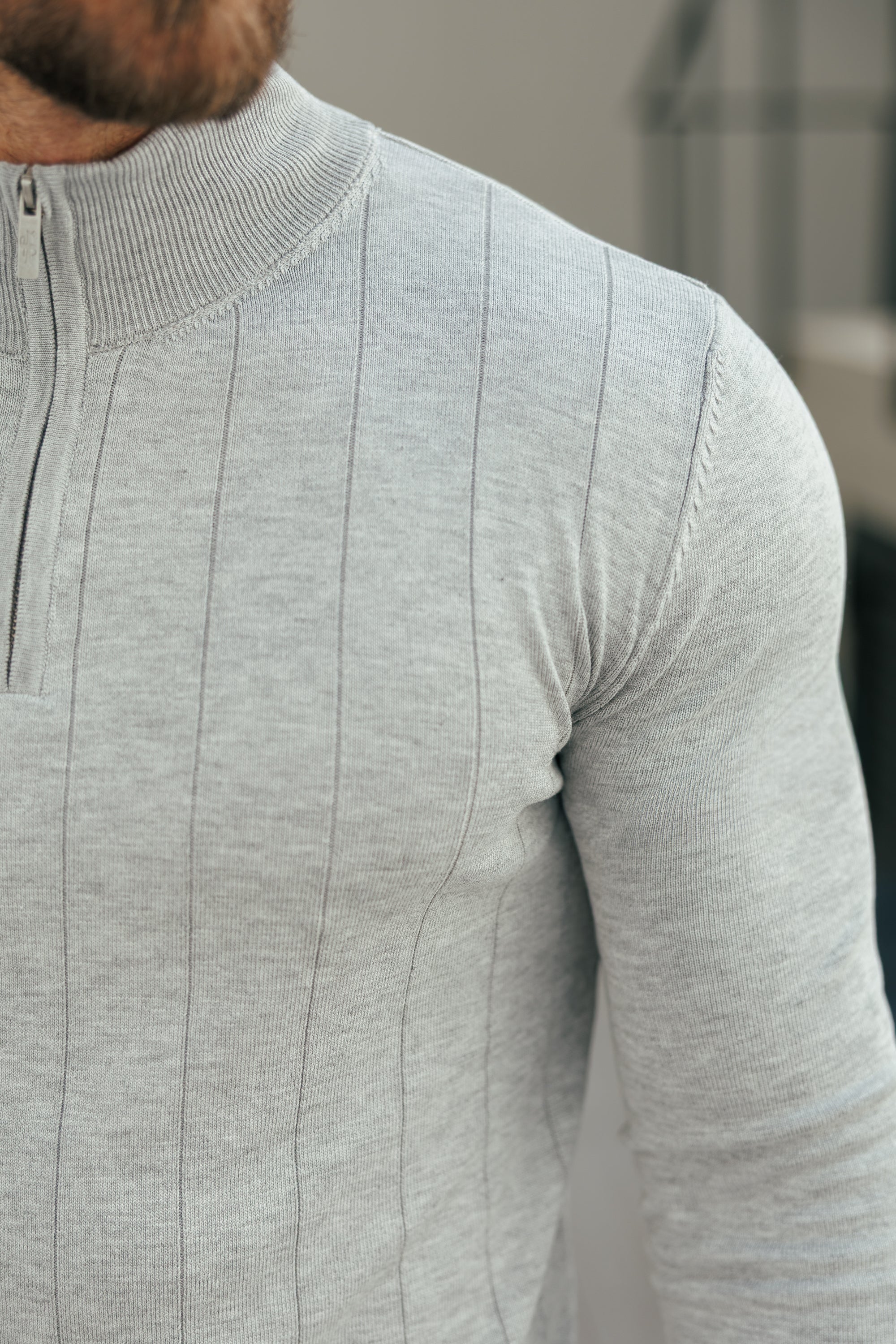 Self Stripe 1/4 Zip Funnel Neck Knit Jumper Silver Grey Long Sleeve  -  FSR051