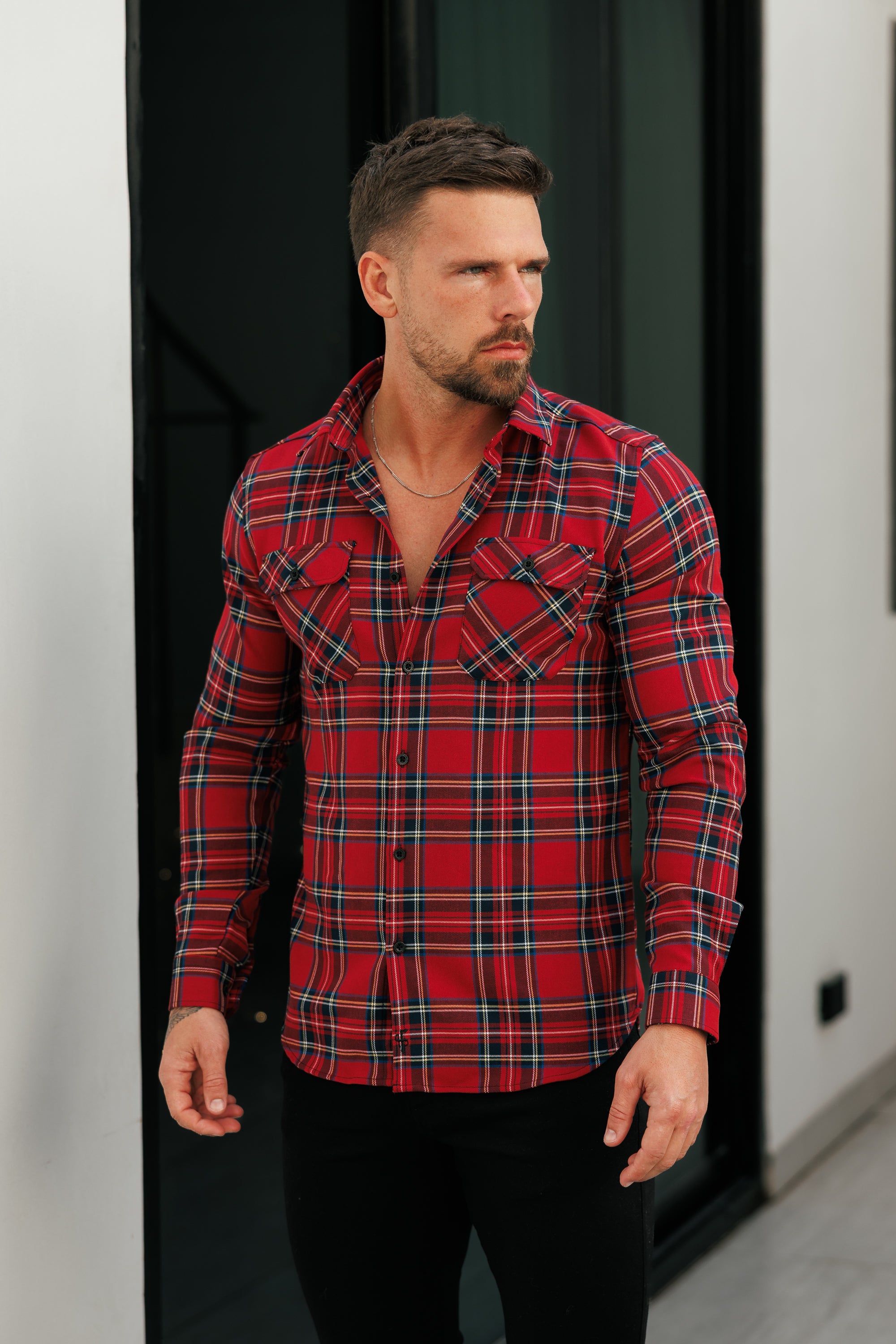 Red Tartan Check Shacket With Double Pockets - FS1036
