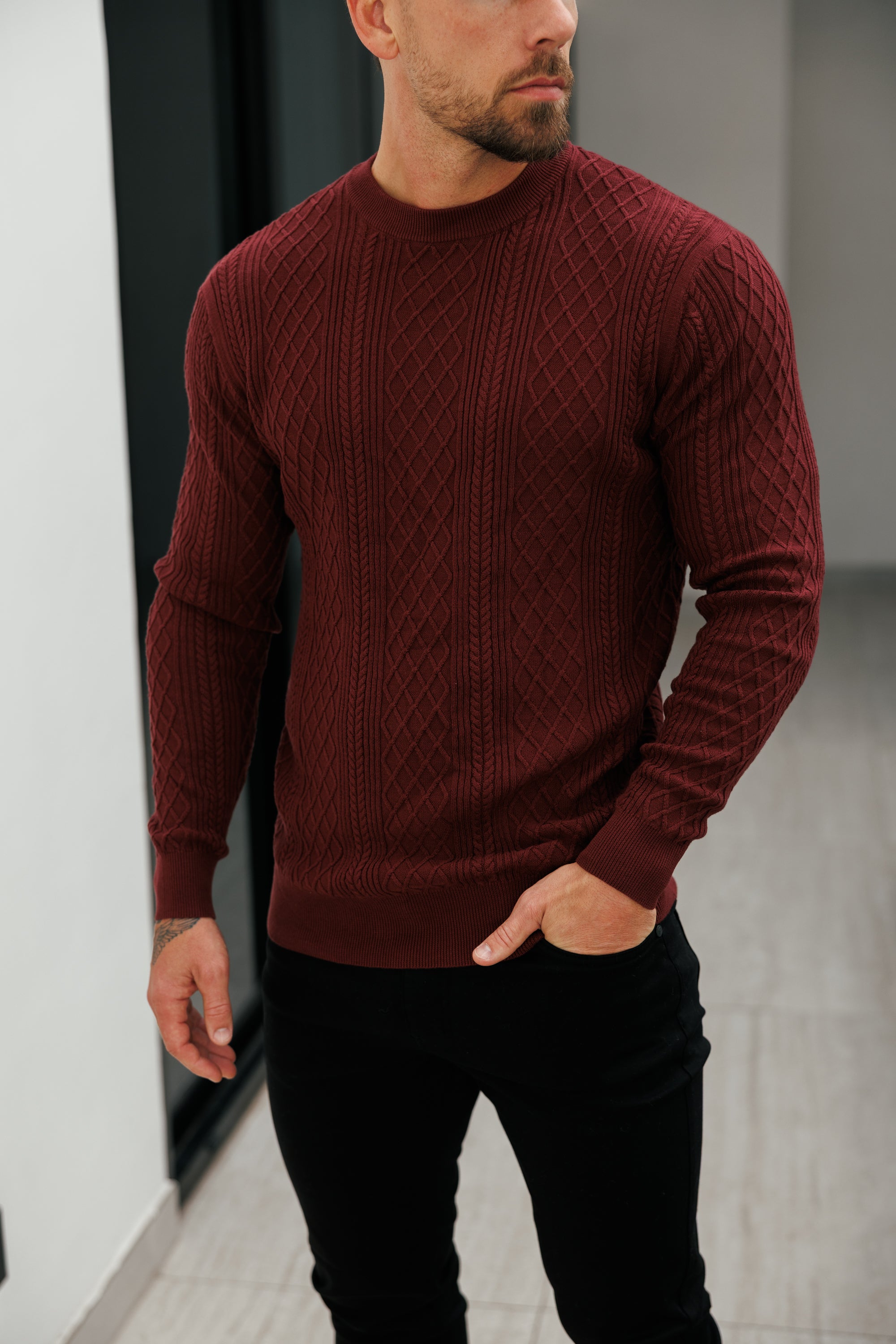 Fine Knit Diamond Burgundy Jumper Long Sleeve  -  FSA008