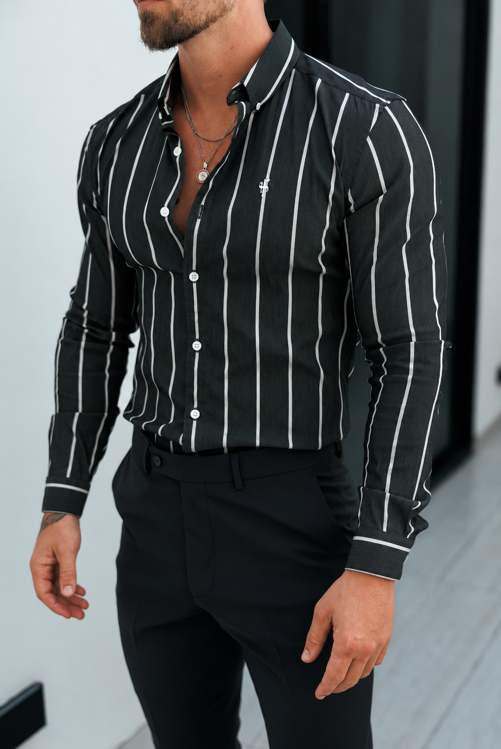 Super Slim Stretch Charcoal / White Printed Wide Stripe Long Sleeve with Button Down Collar - FS1224 (PRE ORDER 20TH OCTOBER)