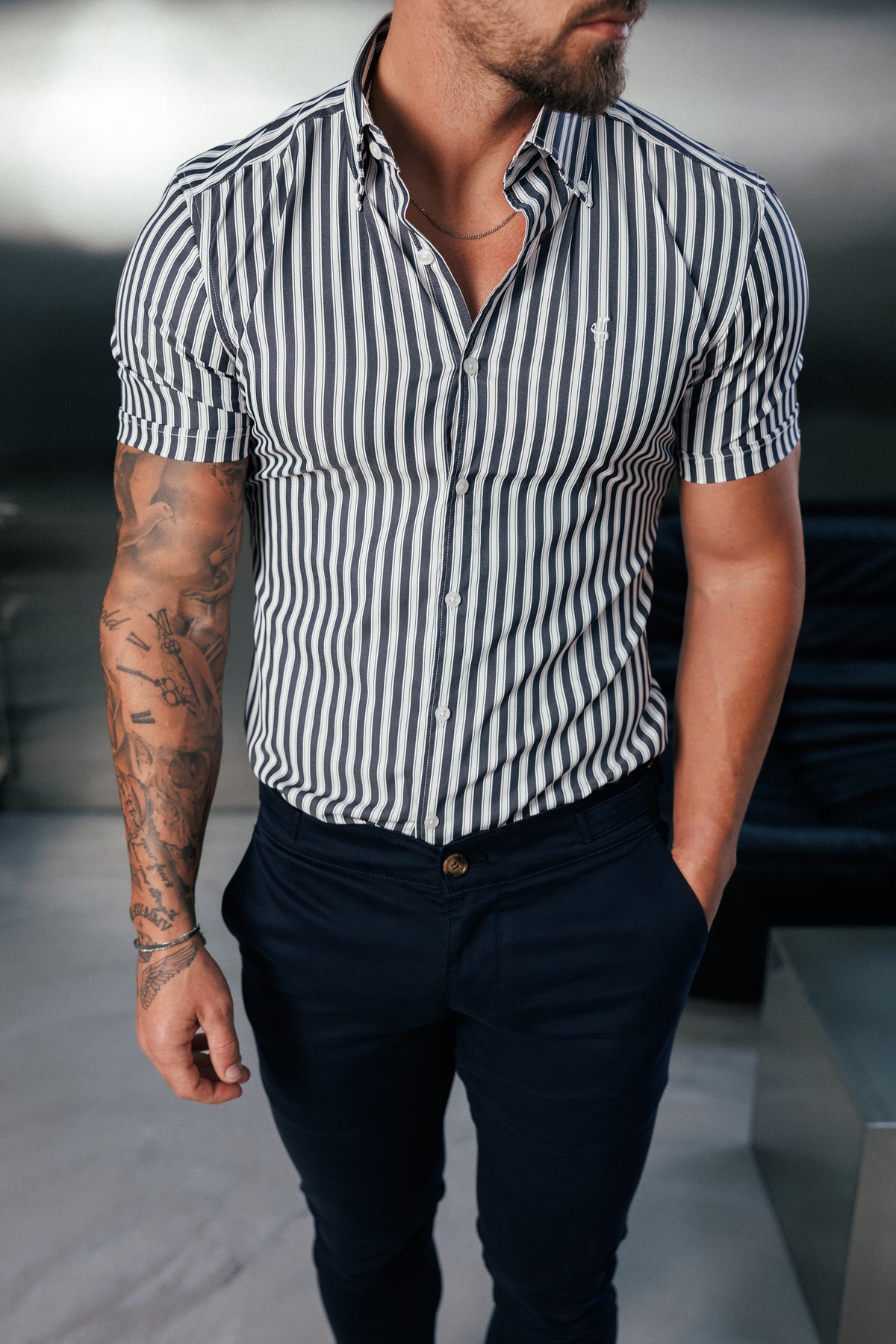 Super Slim Stretch Sateen Touch White / Navy Double Stripe Short Sleeve  -  FS1288
