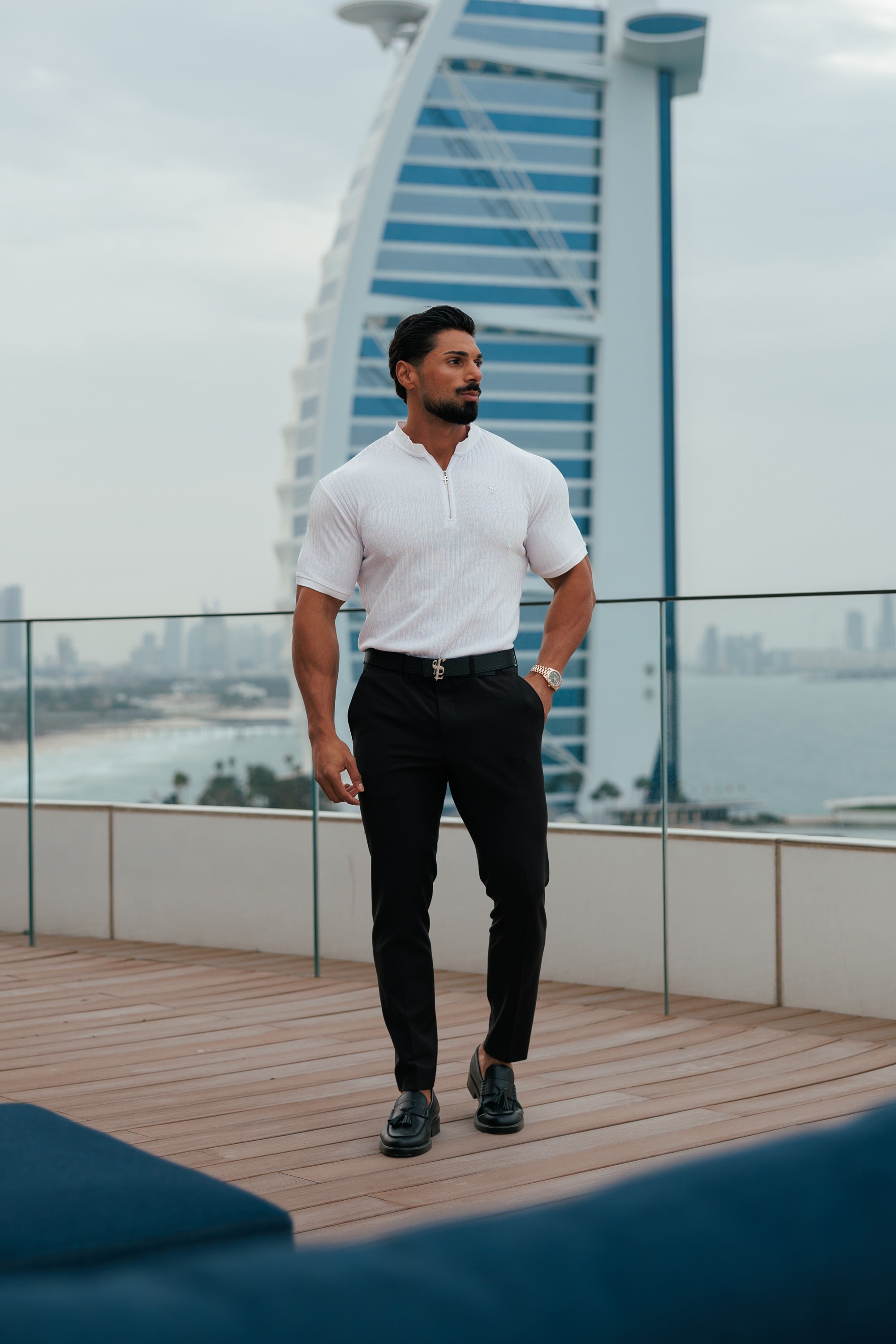 Classic White / Silver  Ribbed Zip Grandad Collar Shirt Short Sleeve - FSH1447