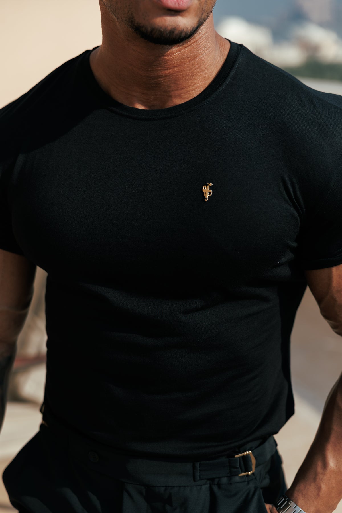 Black Bamboo Crew Tshirt with Gold Metal Emblem Decal FSH1382 (PRE ORDER 30TH OCTOBER)
