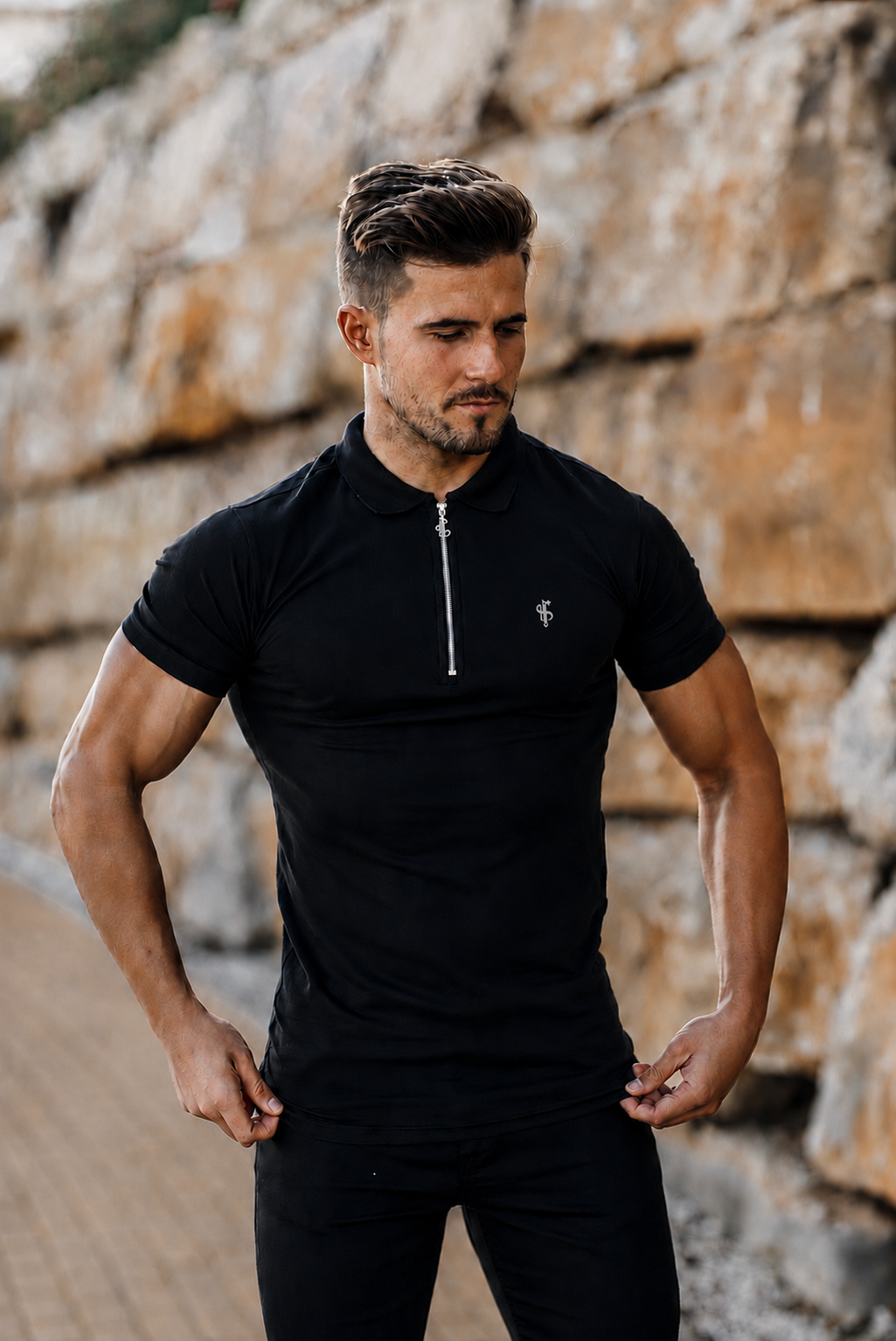Classic Black and Silver Zipped Polo Shirt - FSH1526