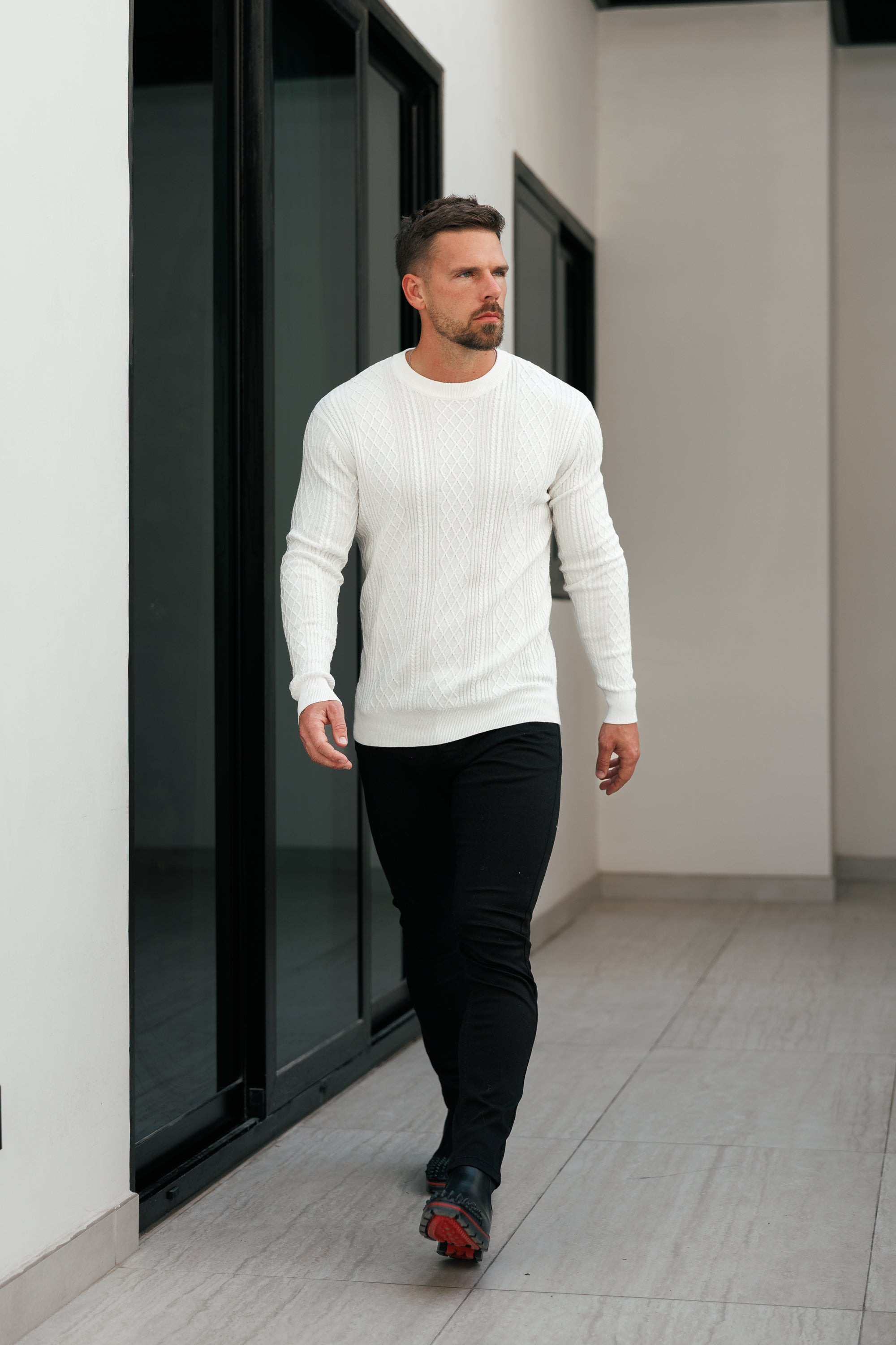 Fine Knit Diamond Off White Jumper Long Sleeve  -  FSA005