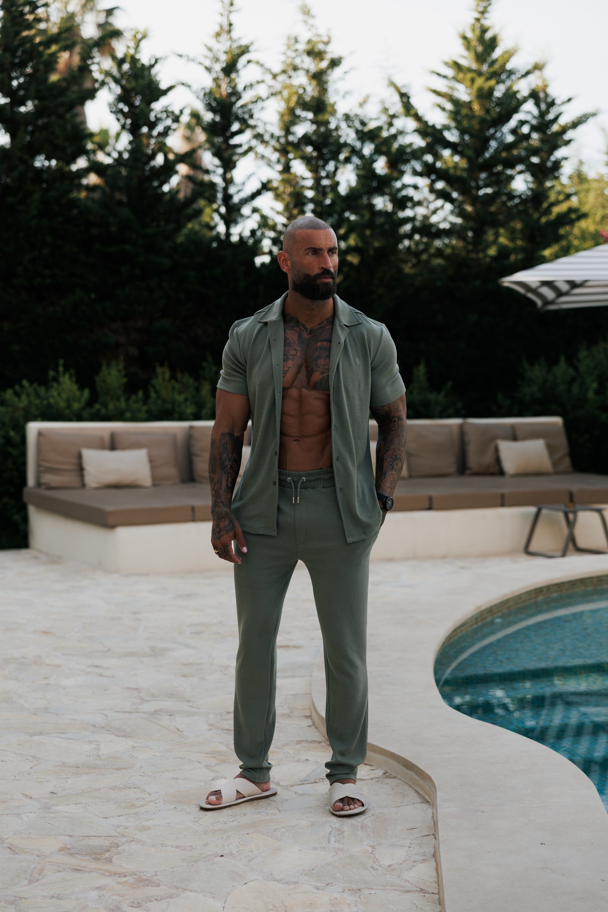 Jersey Cord Stretch Olive Revere Shirt Short Sleeve - FSR072 (PRE ORDER 30TH JUNE)