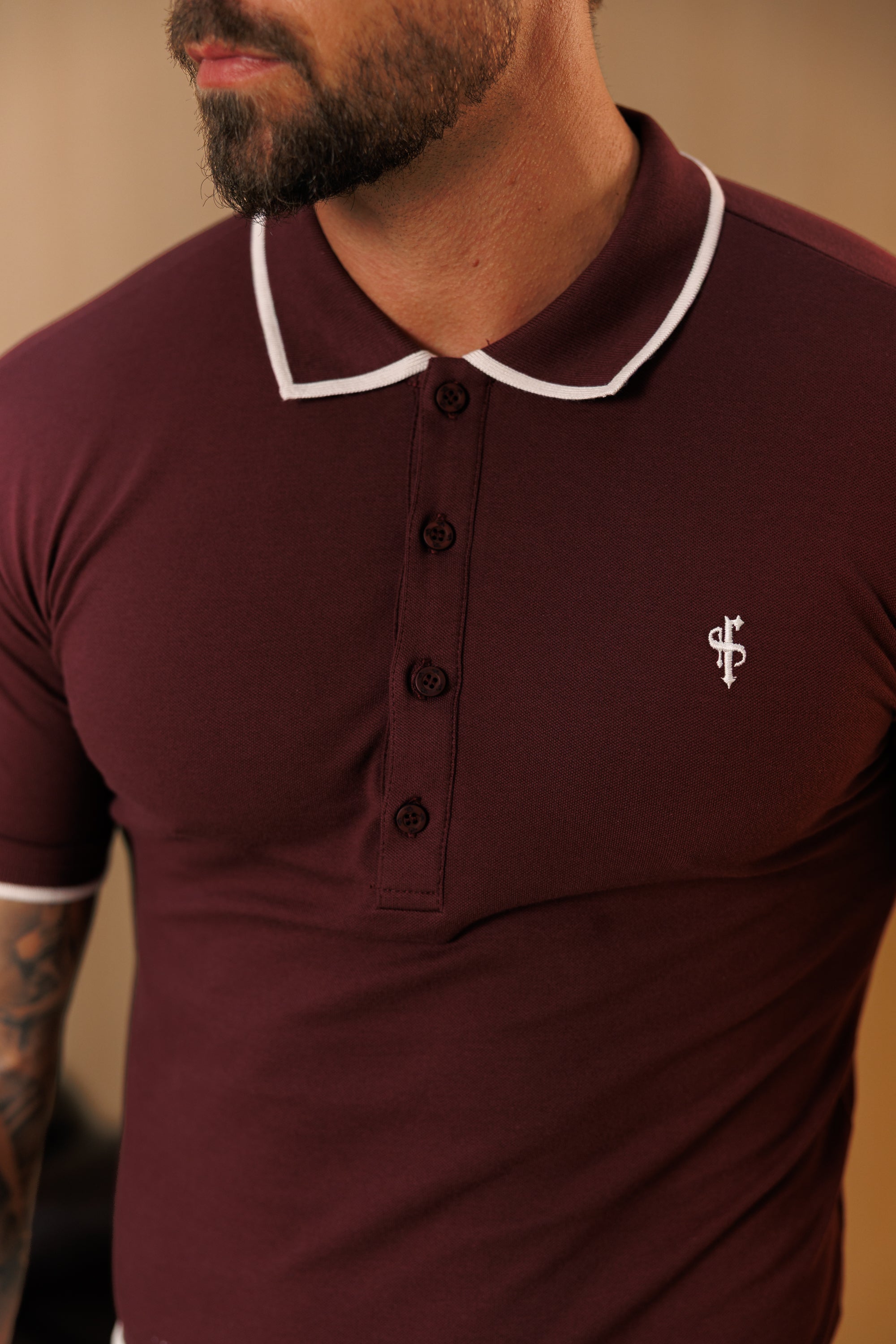 Burgundy / White Polo Shirt With Contrast Collar and Sleeve - FSH1676