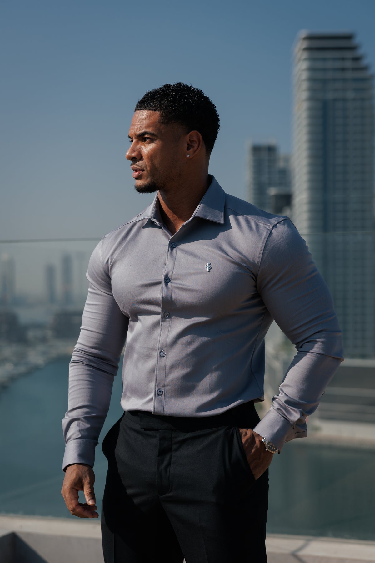 Super Slim Stretch Mid Grey Denim Long Sleeve with Silver Metal Decal and Cutaway Collar - FS1319