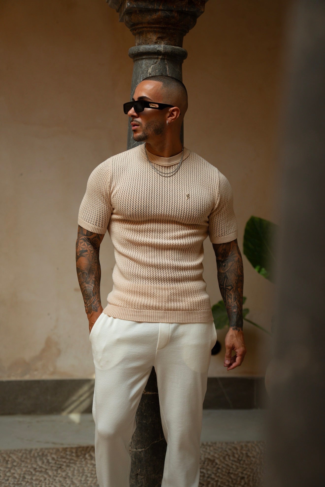 Beige Viscose Plain Knitted Short Sleeve T-Shirt - FSJ186 (PRE ORDER 12TH AUGUST)