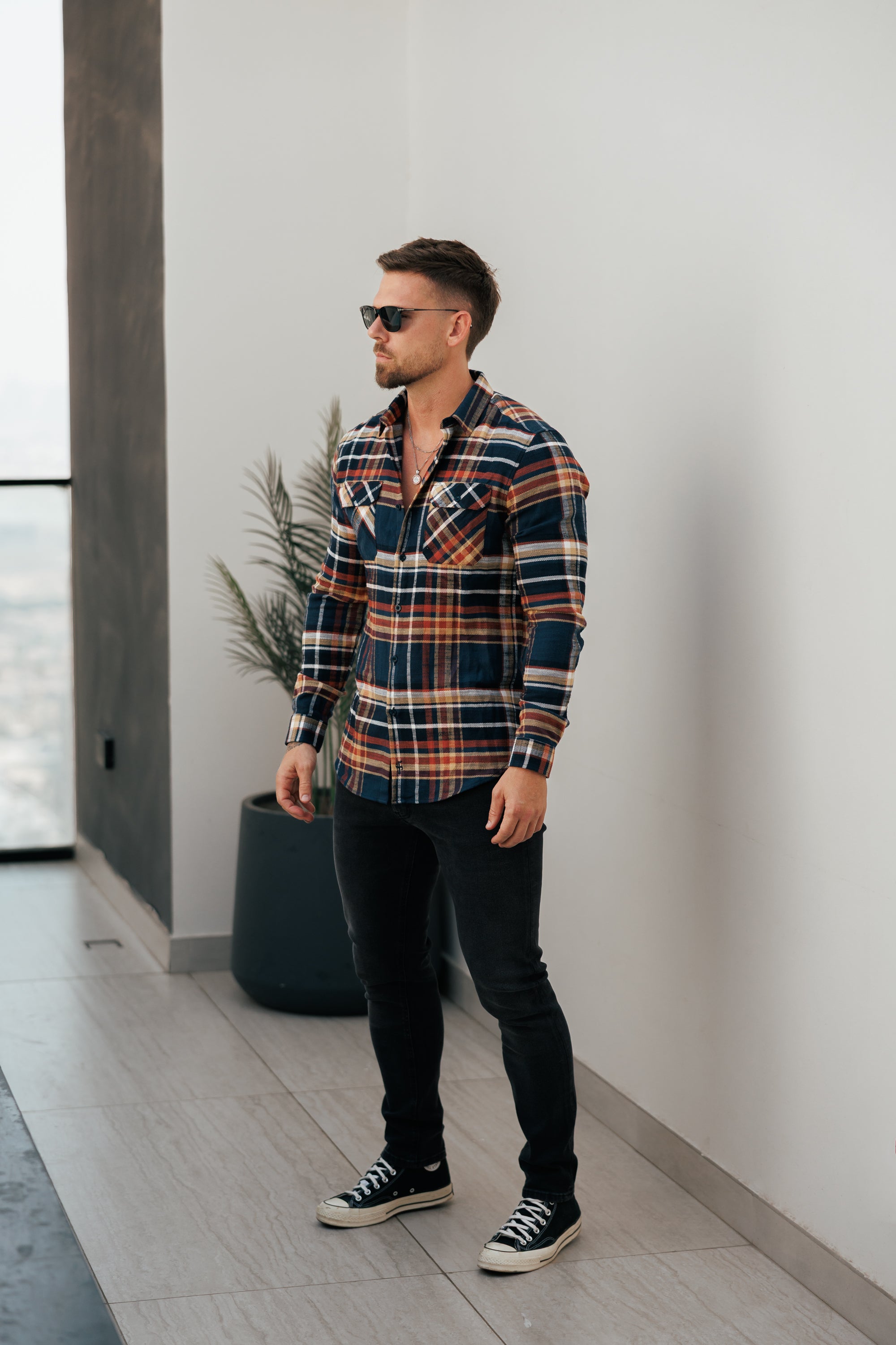 Navy / Tan Check Shacket With Double Pockets - FS1197