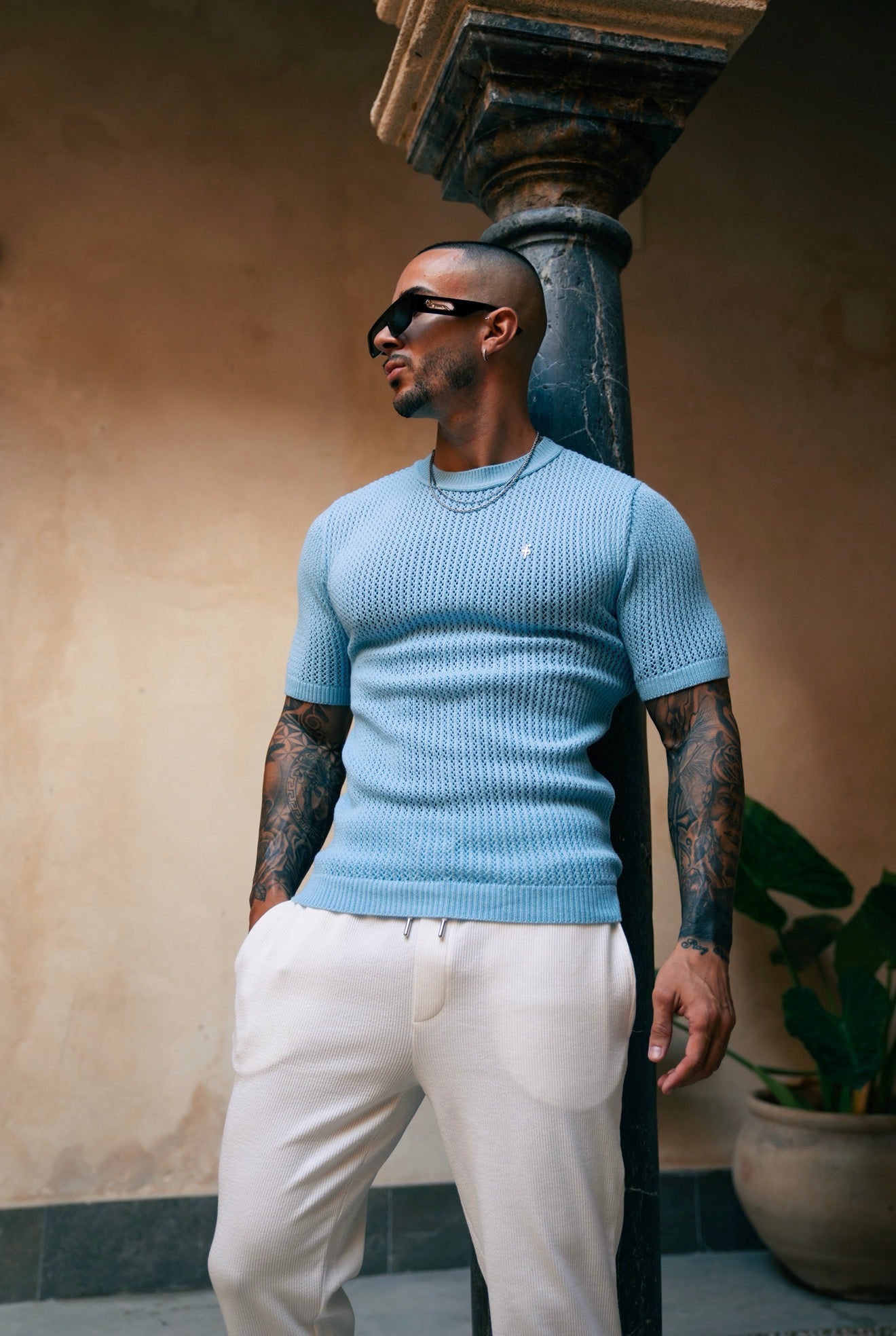 Light Blue Viscose Plain Knitted Short Sleeve T-Shirt - FSJ185 (PRE ORDER 12TH AUGUST)
