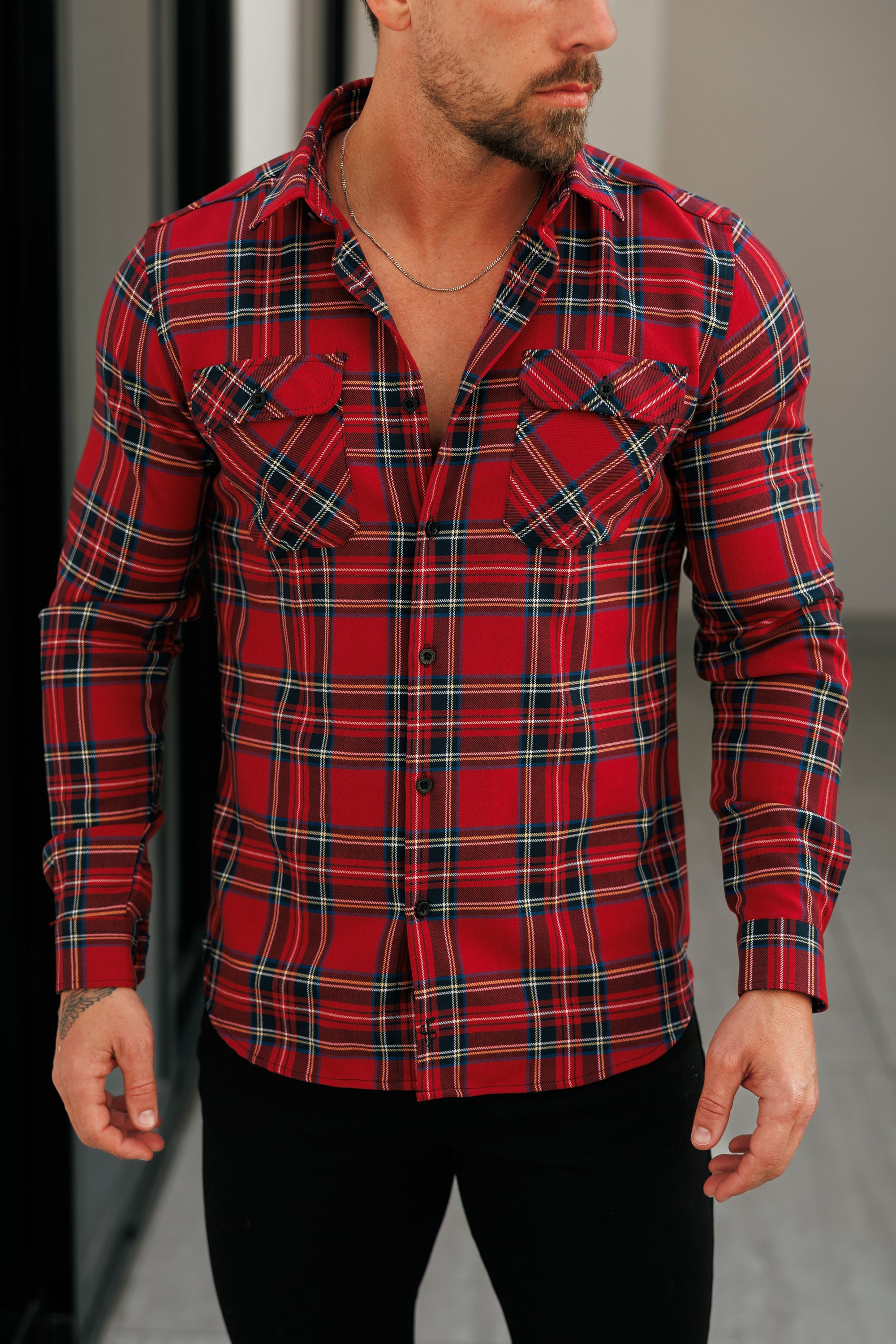 Red Tartan Check Shacket With Double Pockets - FS1036