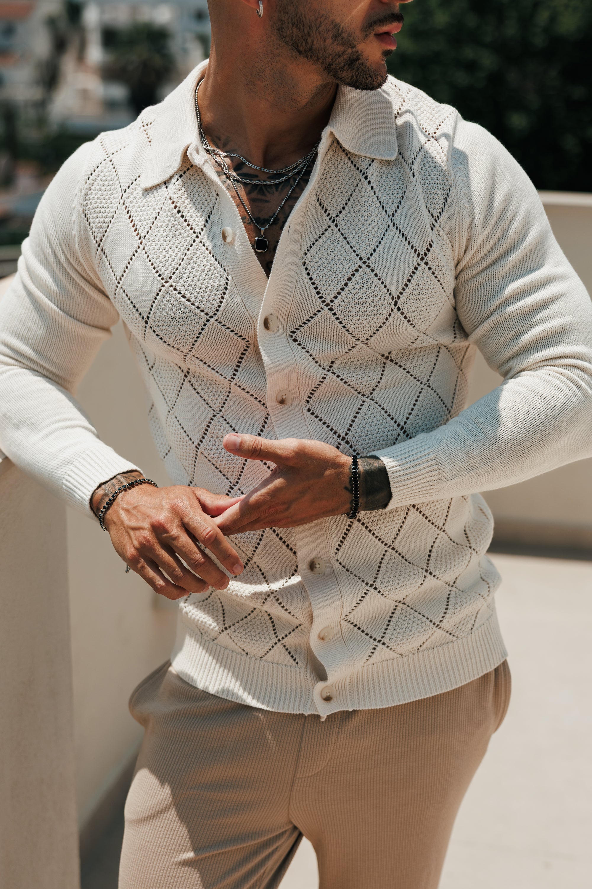 Cream Diamond Perforated Shirt Long Sleeve - FSA018 (PRE ORDER 31ST AUGUST)