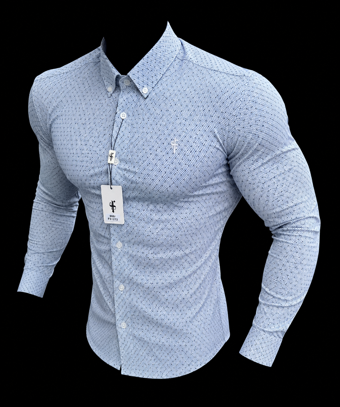 Ultra Stretch Grey / Blue Ditsy Abstract Shirt Long Sleeve with Button Down Collar - FS1277