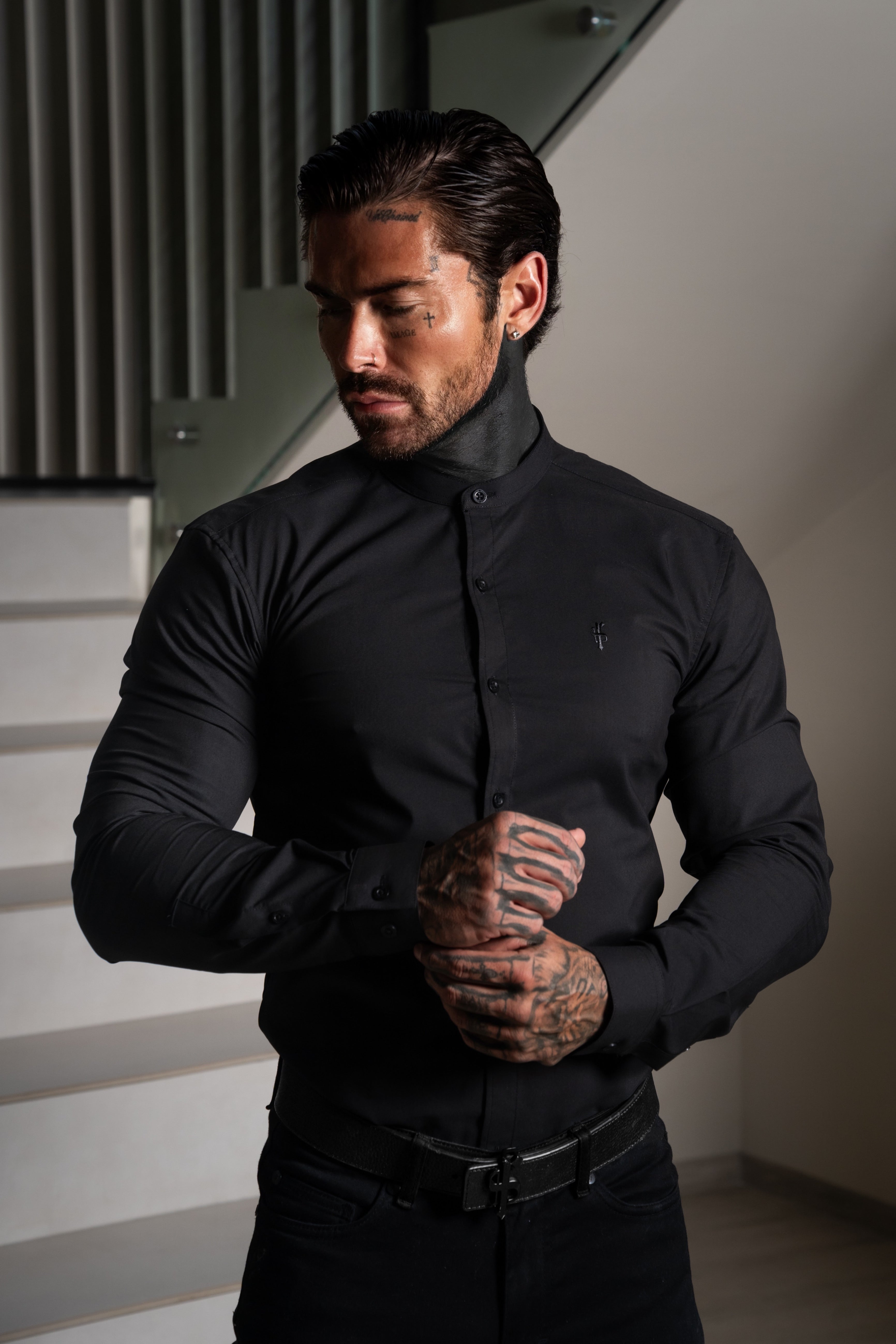 Apollo Classic Fit Stretch Black Grandad Collar Shirt - FS1249 Info