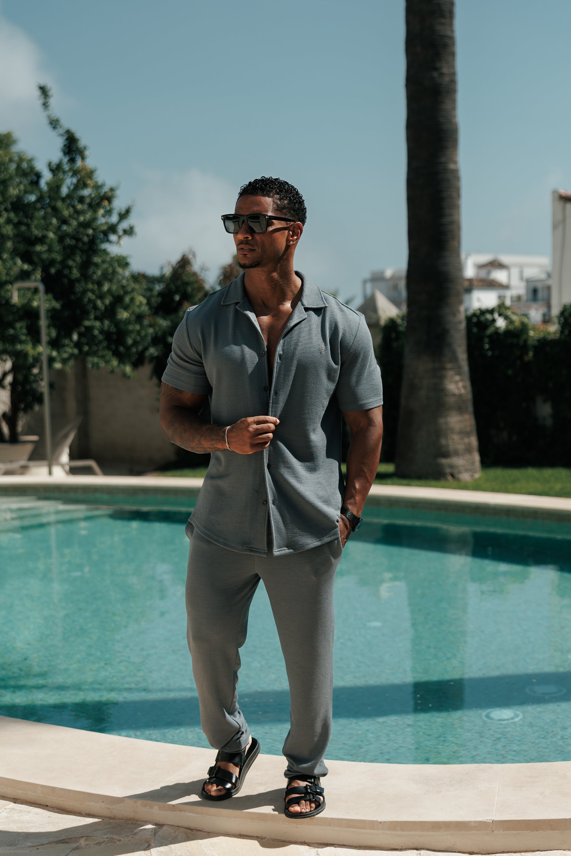Jersey Cord Stretch Gunmetal Revere Shirt Short Sleeve - FSR076 (PRE ORDER 27TH JULY)