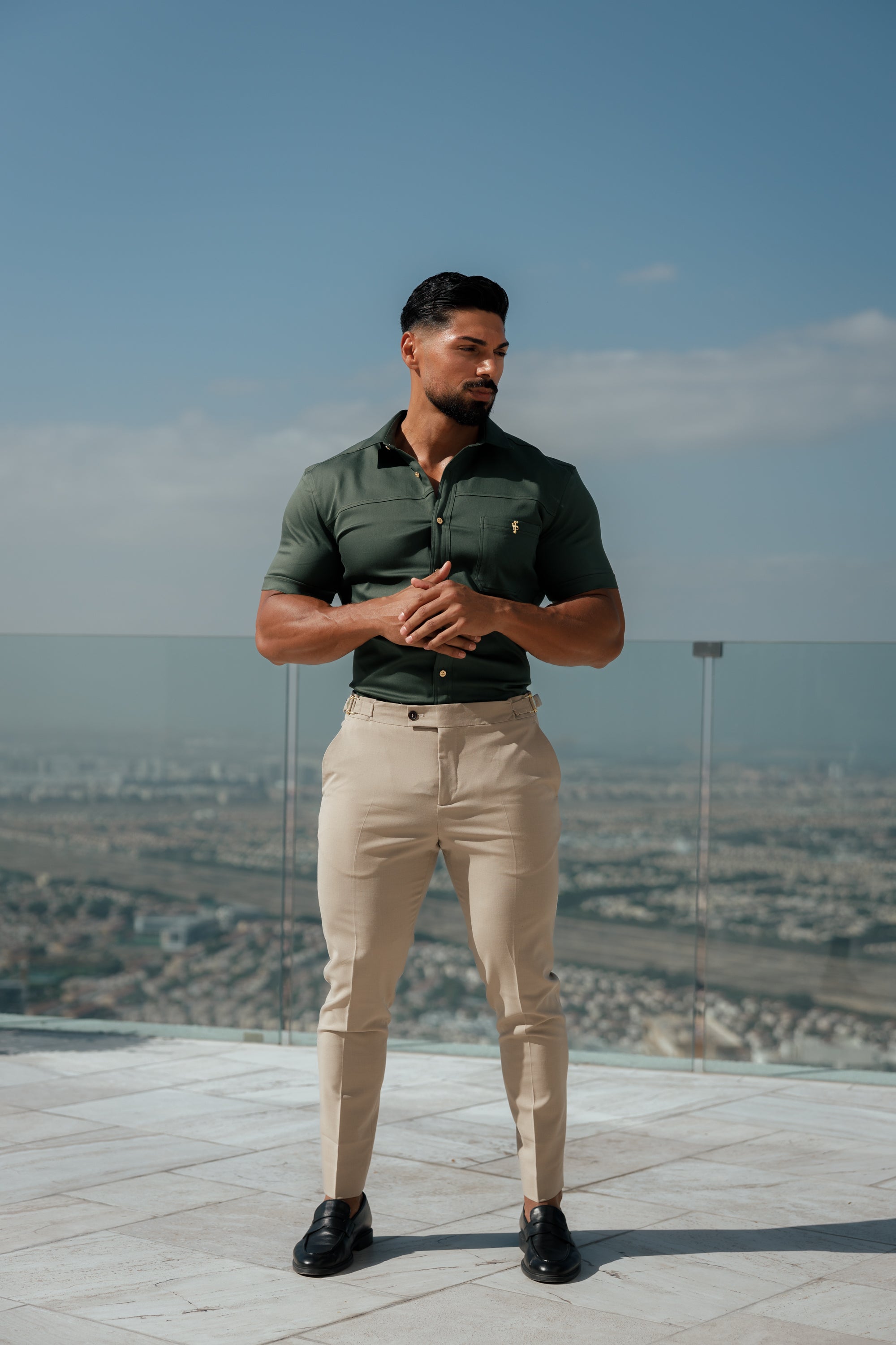 Slim Formal Beige Stretch Trousers With Gold Waist Adjusters - FST017