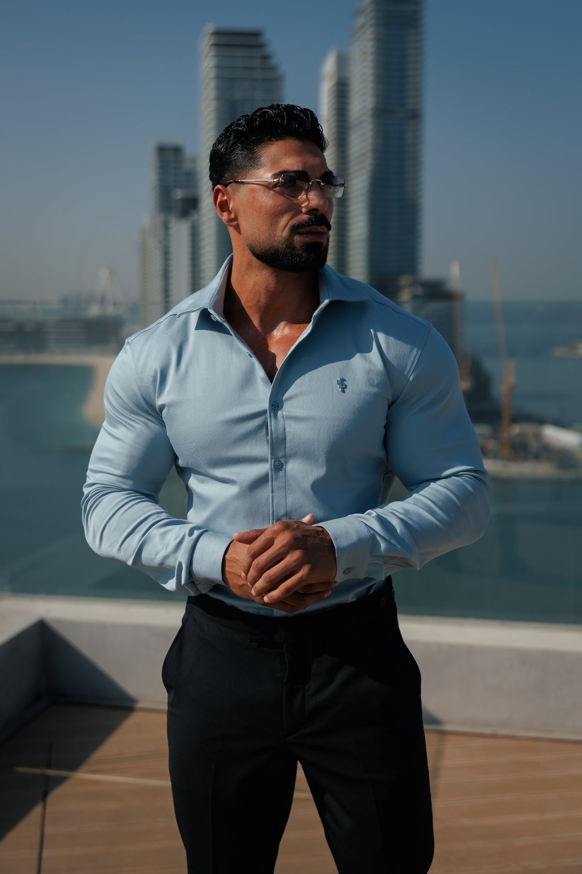 Super Slim Stretch Steel Blue Denim Long Sleeve with Silver Metal Decal and Cutaway Collar - FS1313